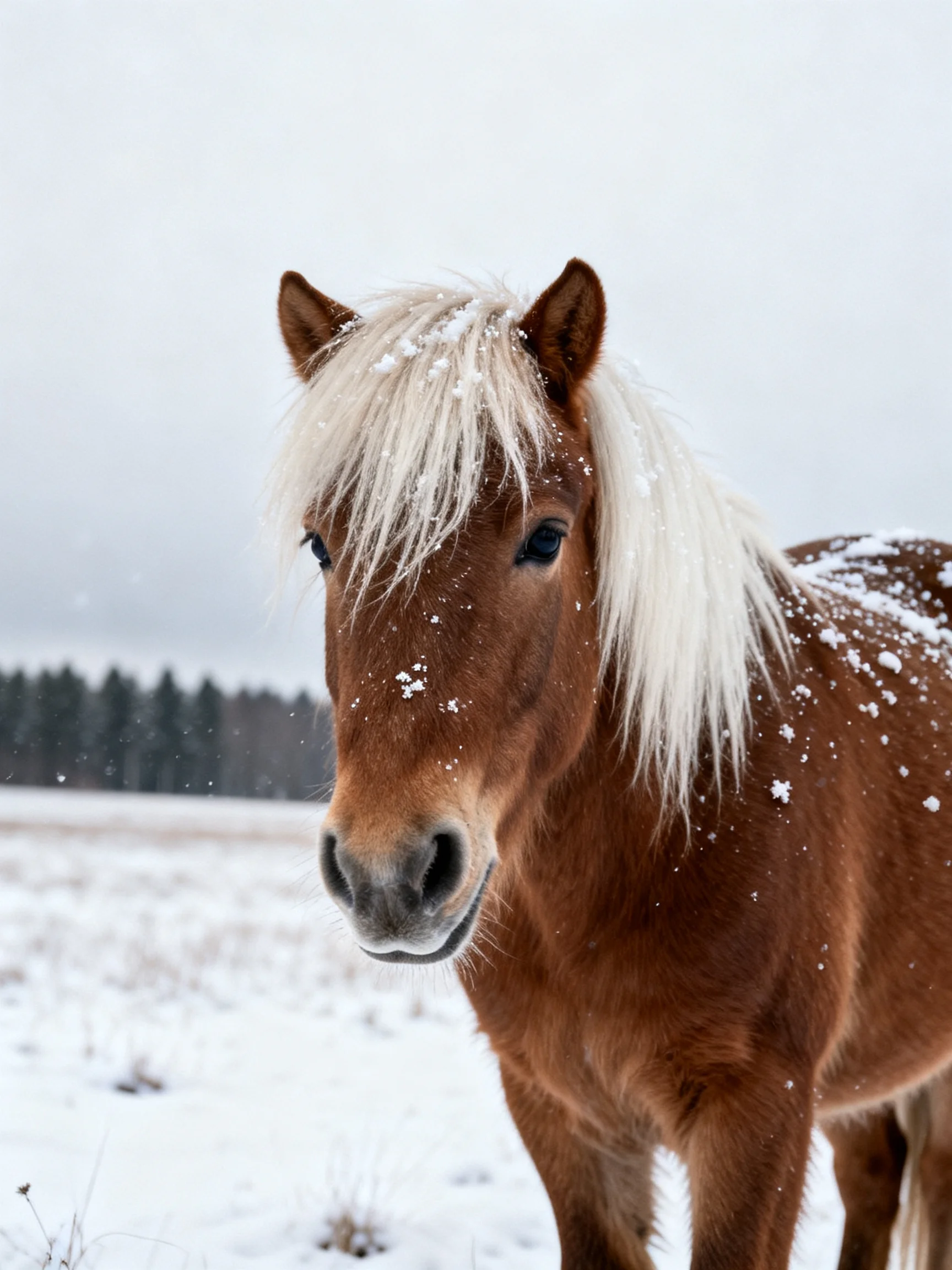 A brown pony with long white mane in a snow-dusted winter field