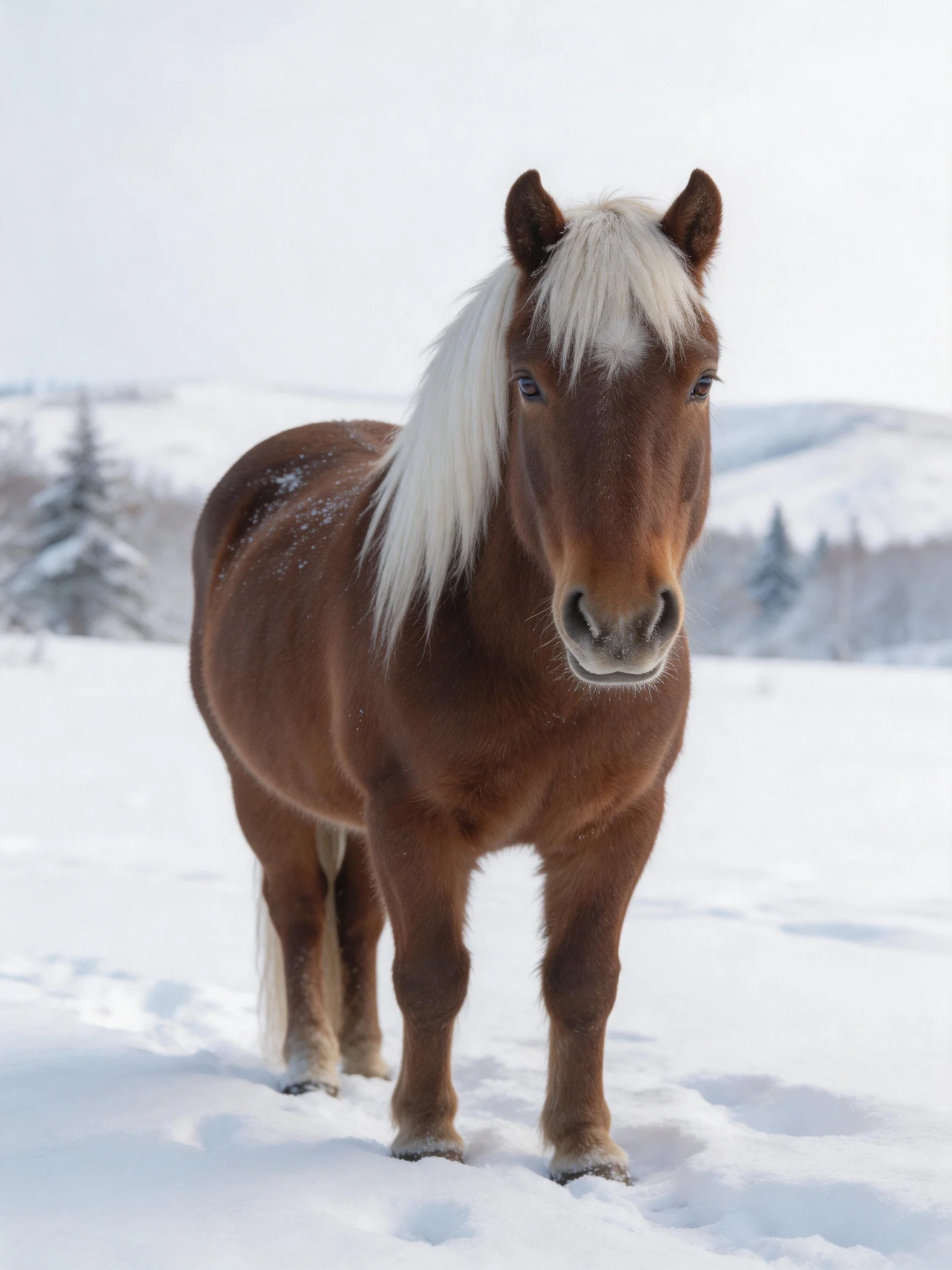 A brown pony with long white mane in a snowy field