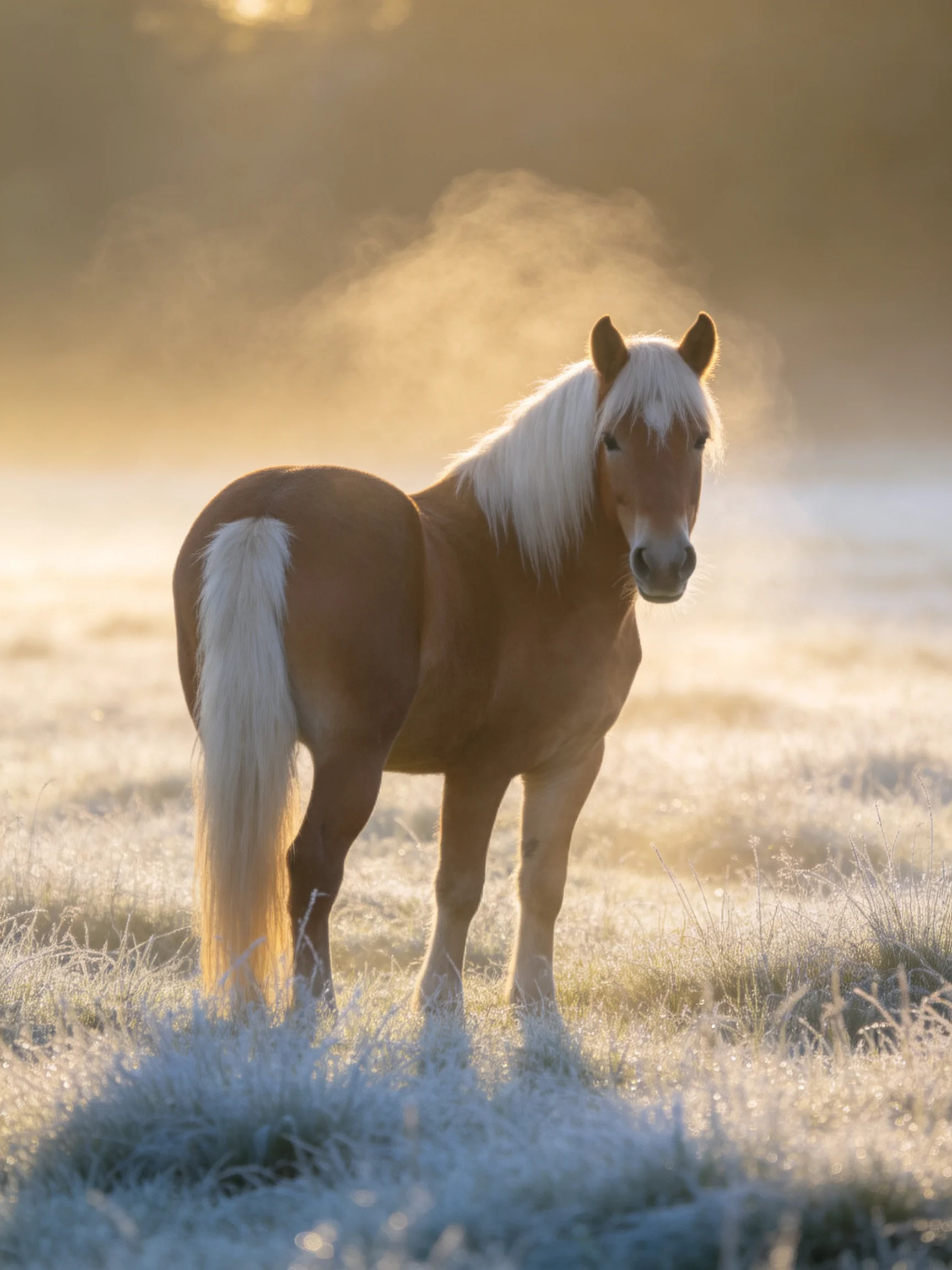 A brown pony with white mane in a frosty, sunlit meadow