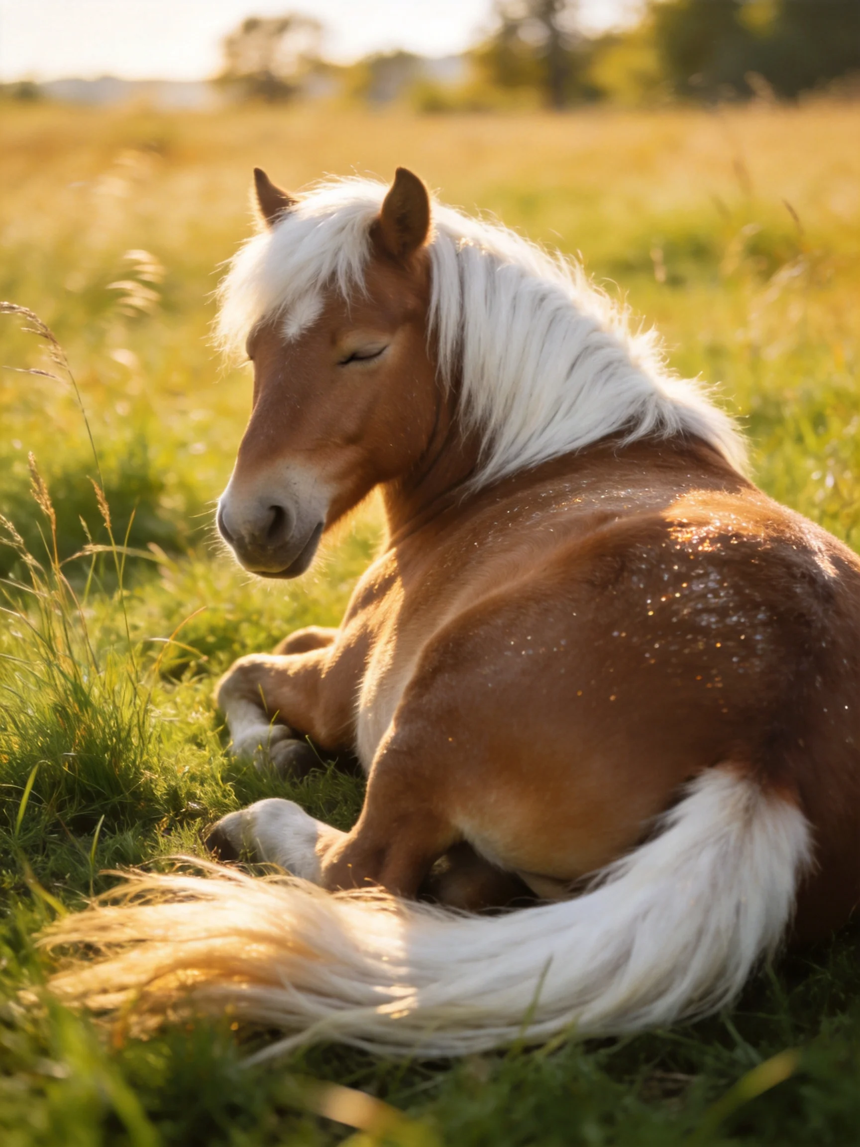 A brown pony with white mane rests in a sunlit meadow