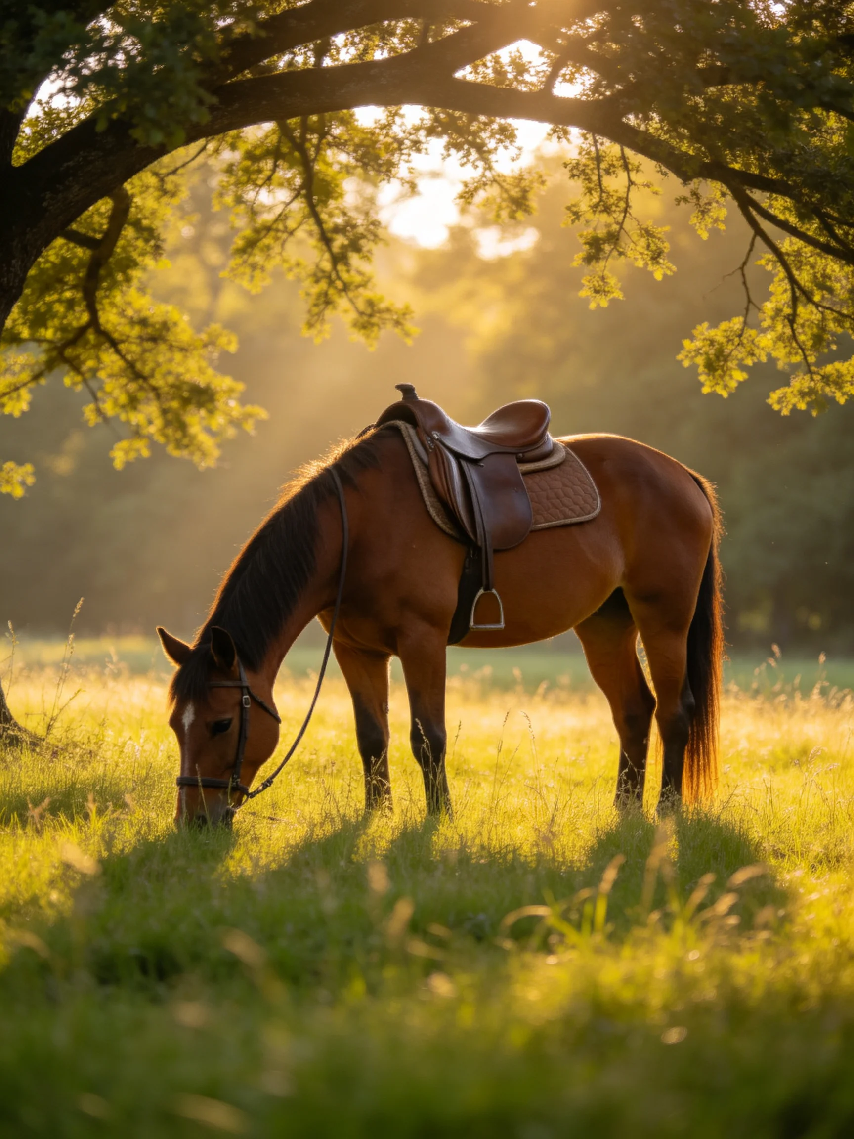 A brown saddled horse grazes in a sunlit meadow.