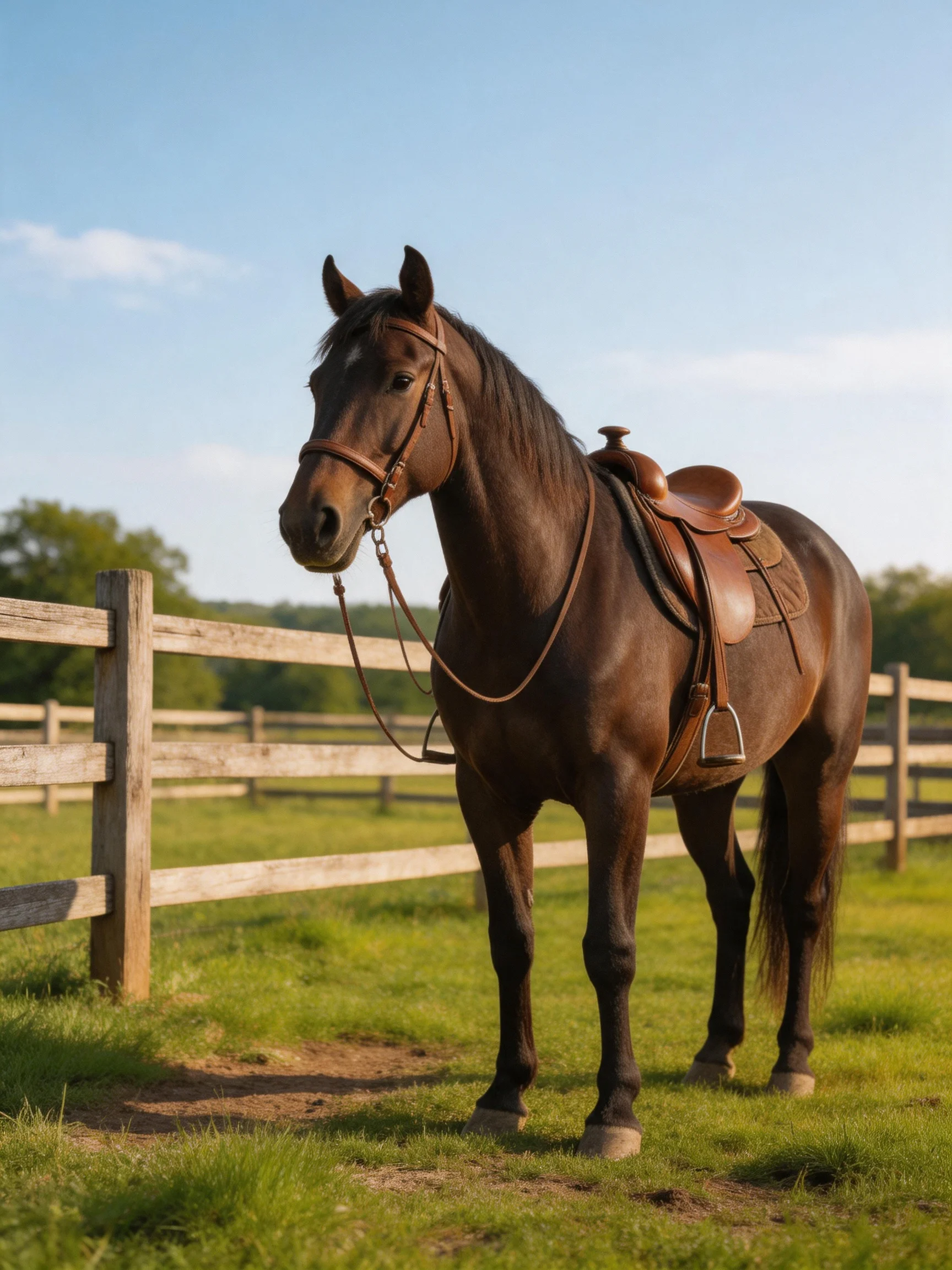 A brown saddled horse in a fenced green pasture