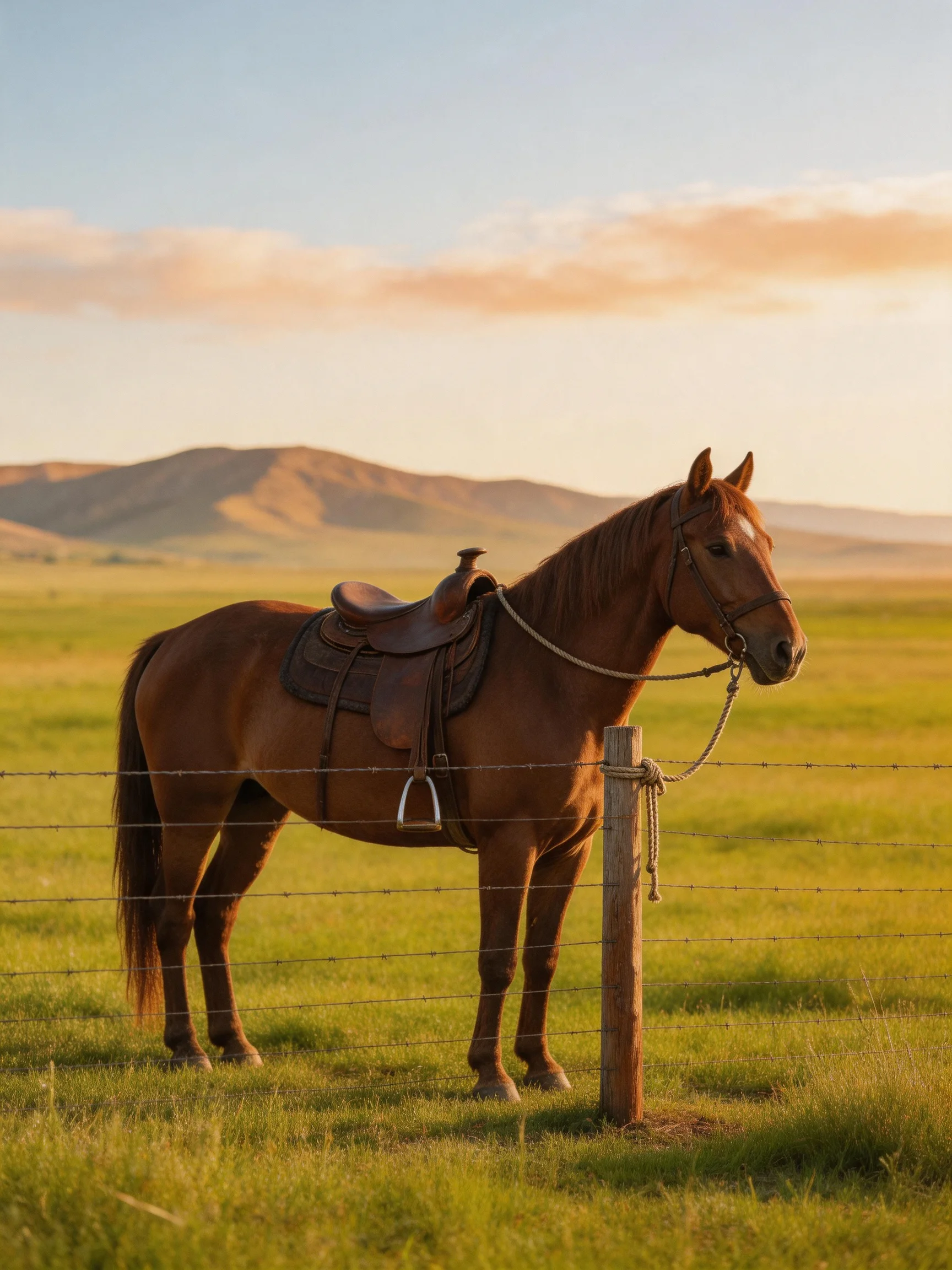 A brown saddled horse near a barbed wire fence in a sunlit open field