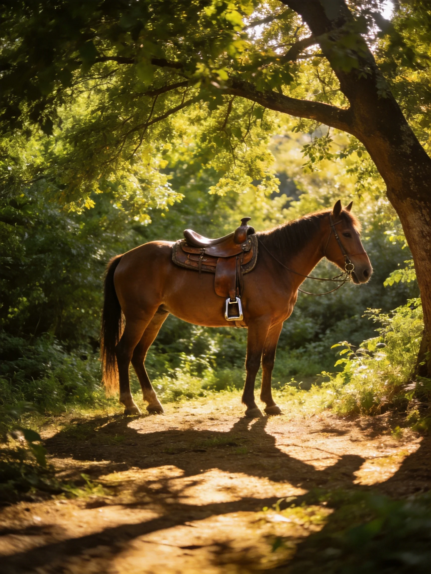 A brown saddled horse stands beneath sun-dappled green trees