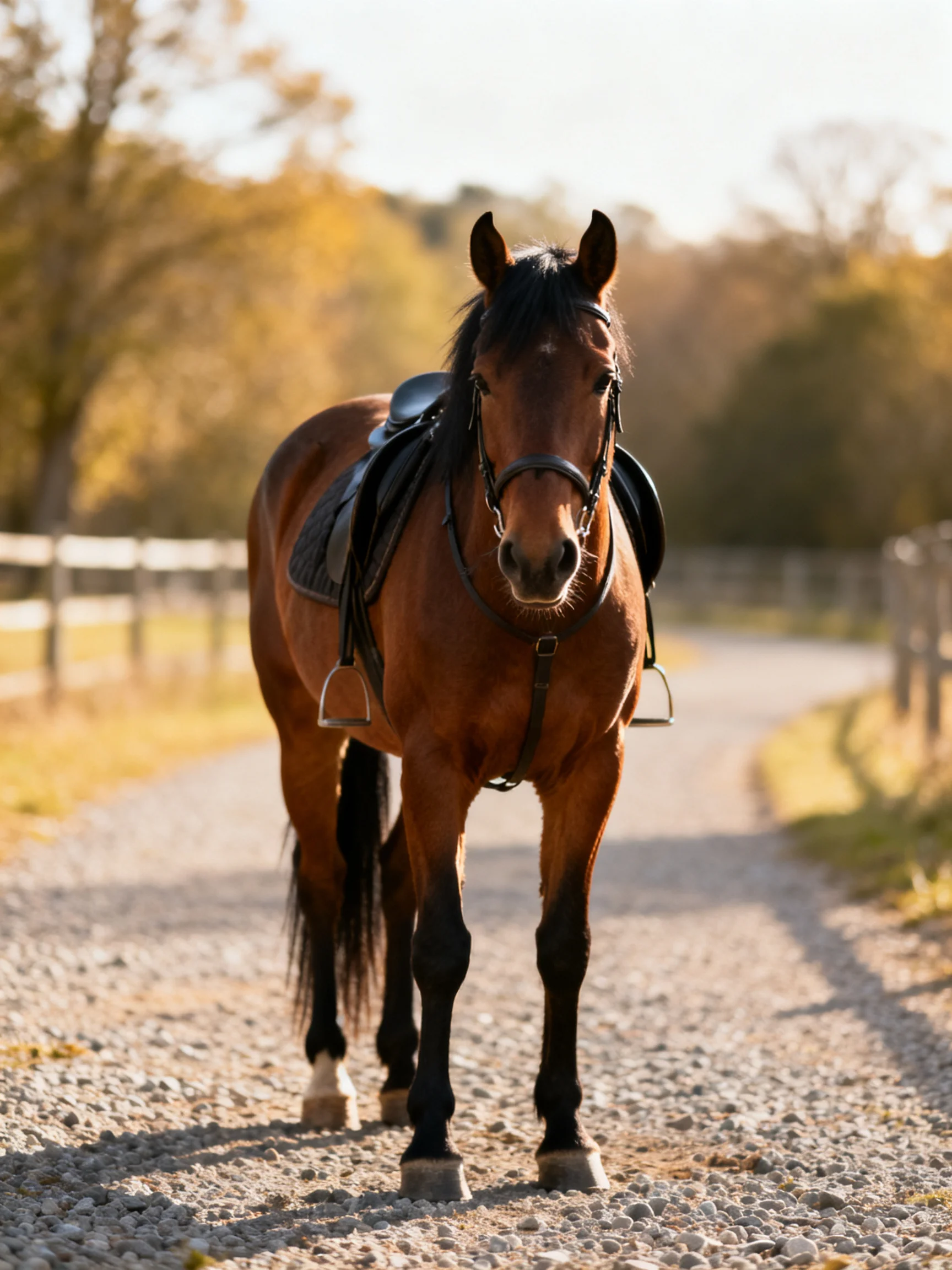 A brown saddled horse stands on a gravel path near autumn trees