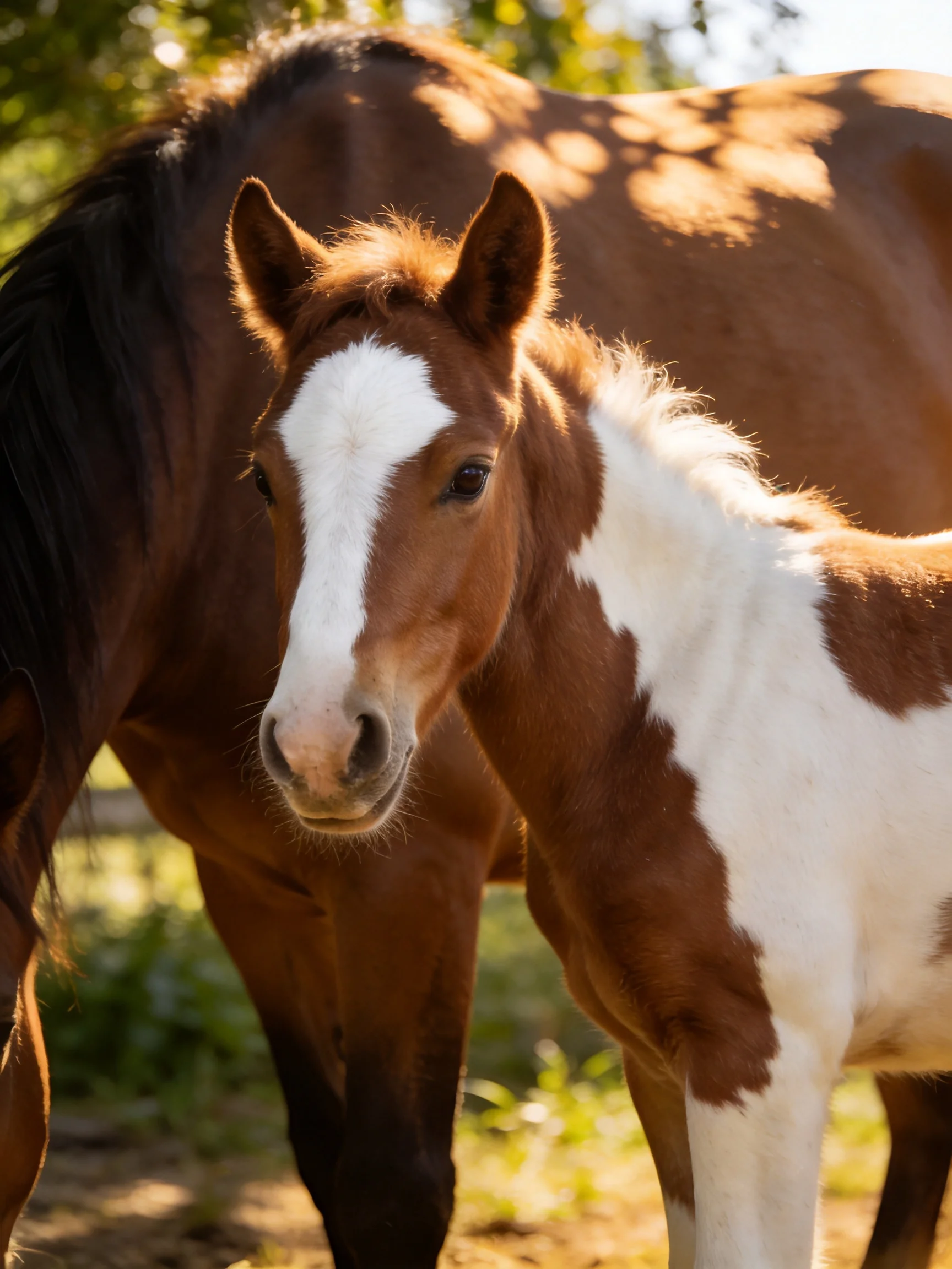 A brown-spotted foal stands beside a larger brown horse outdoors