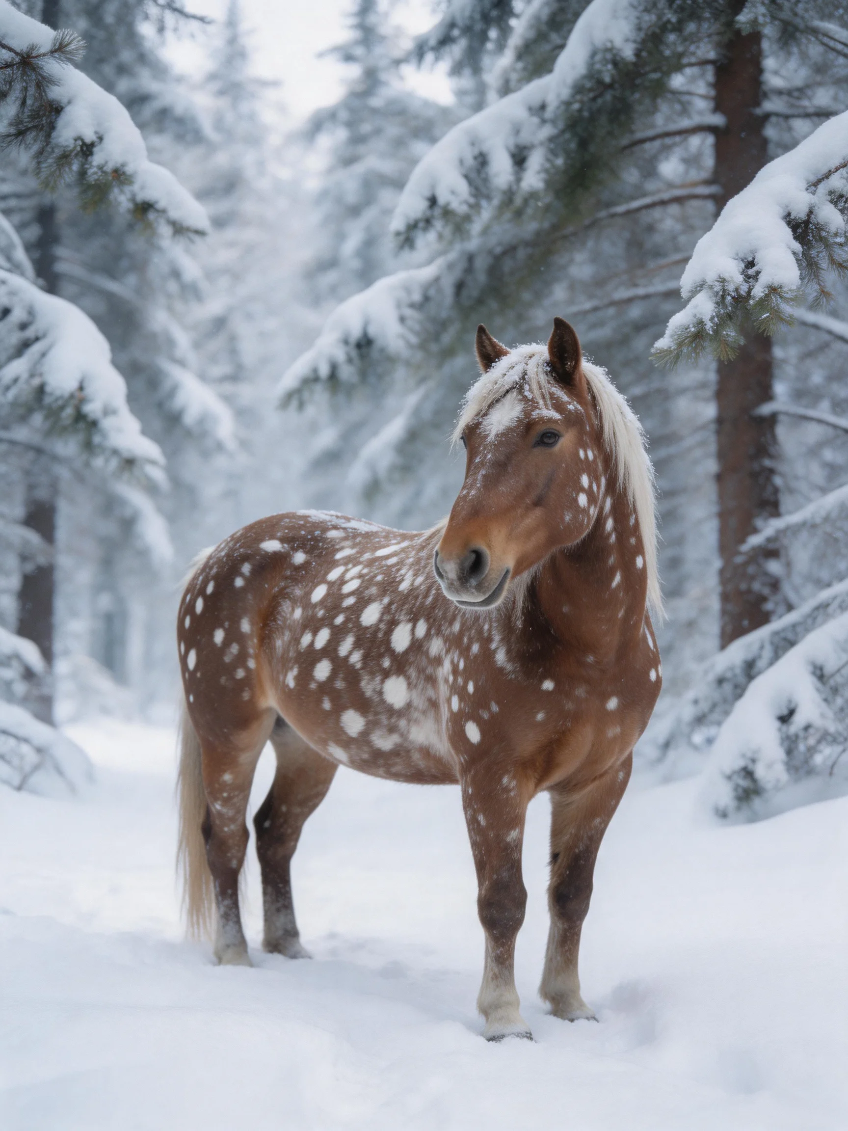 A brown-spotted horse stands in a snowy forest among snow-laden pines
