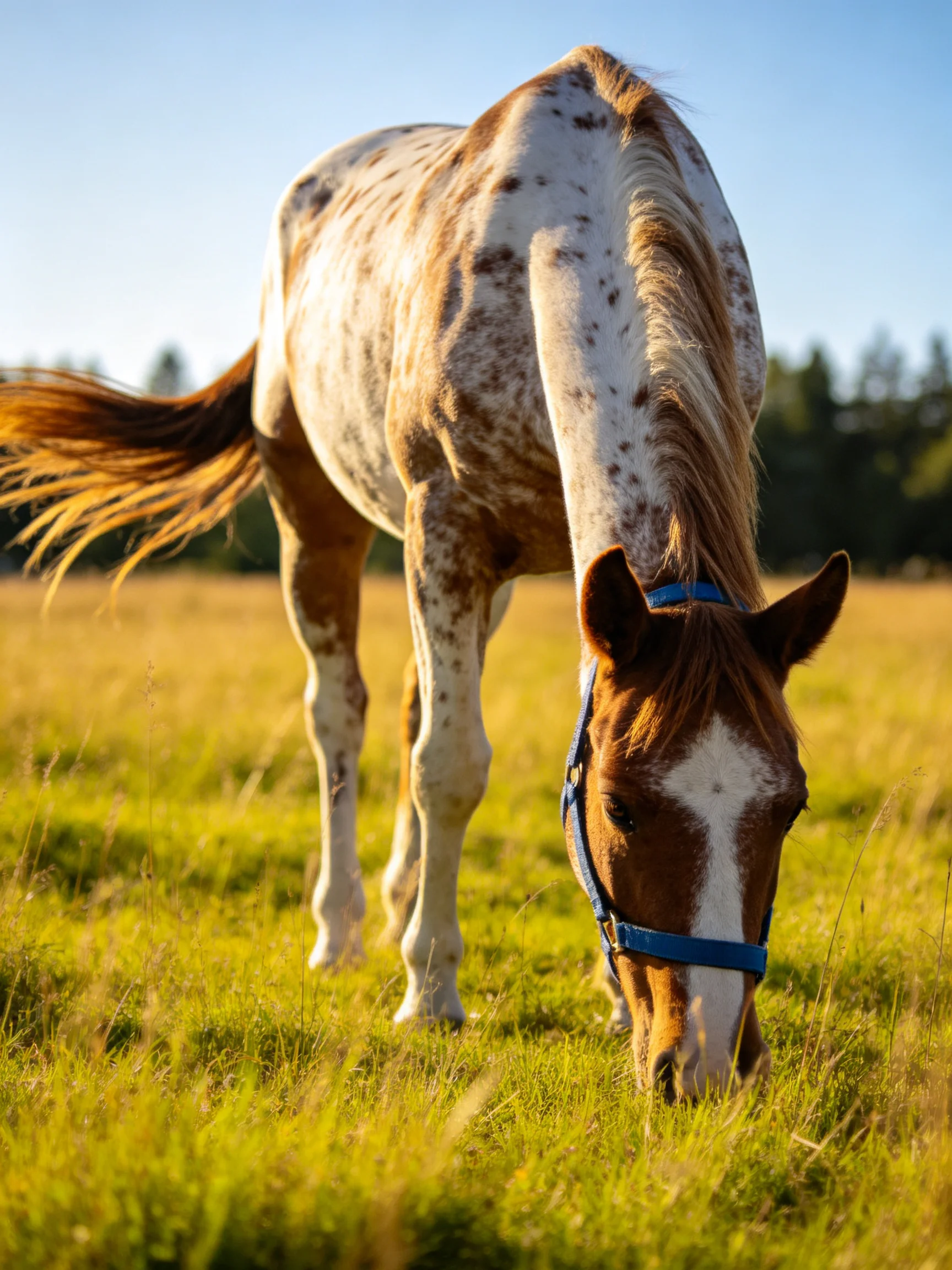 A brown-spotted horse with a blue halter grazes in a sunlit meadow.