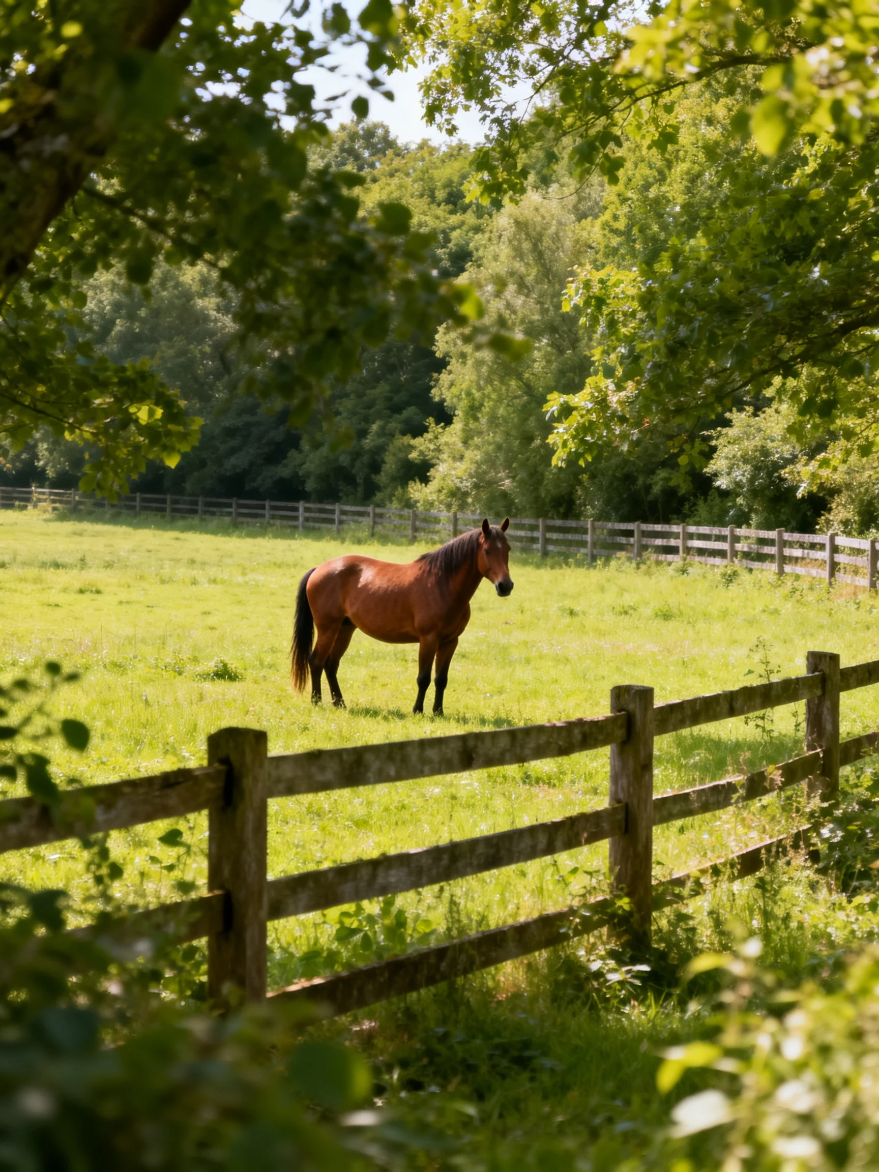 A brown horse stands in a sunlit green pasture bordered by a wooden fence