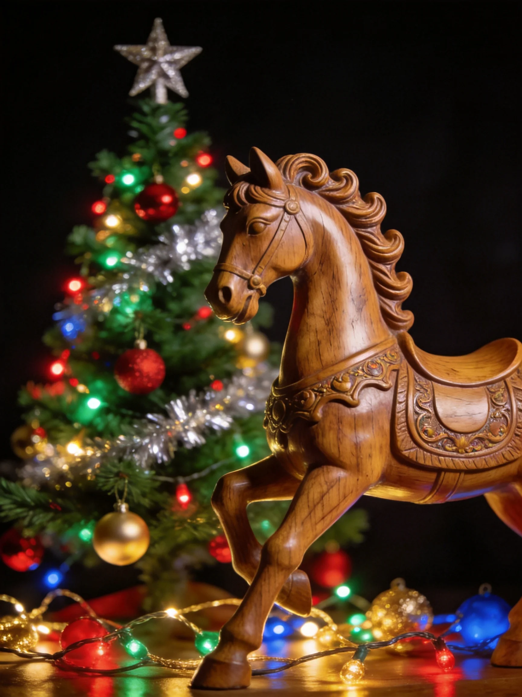 A carved wooden horse beside a vibrantly decorated Christmas tree