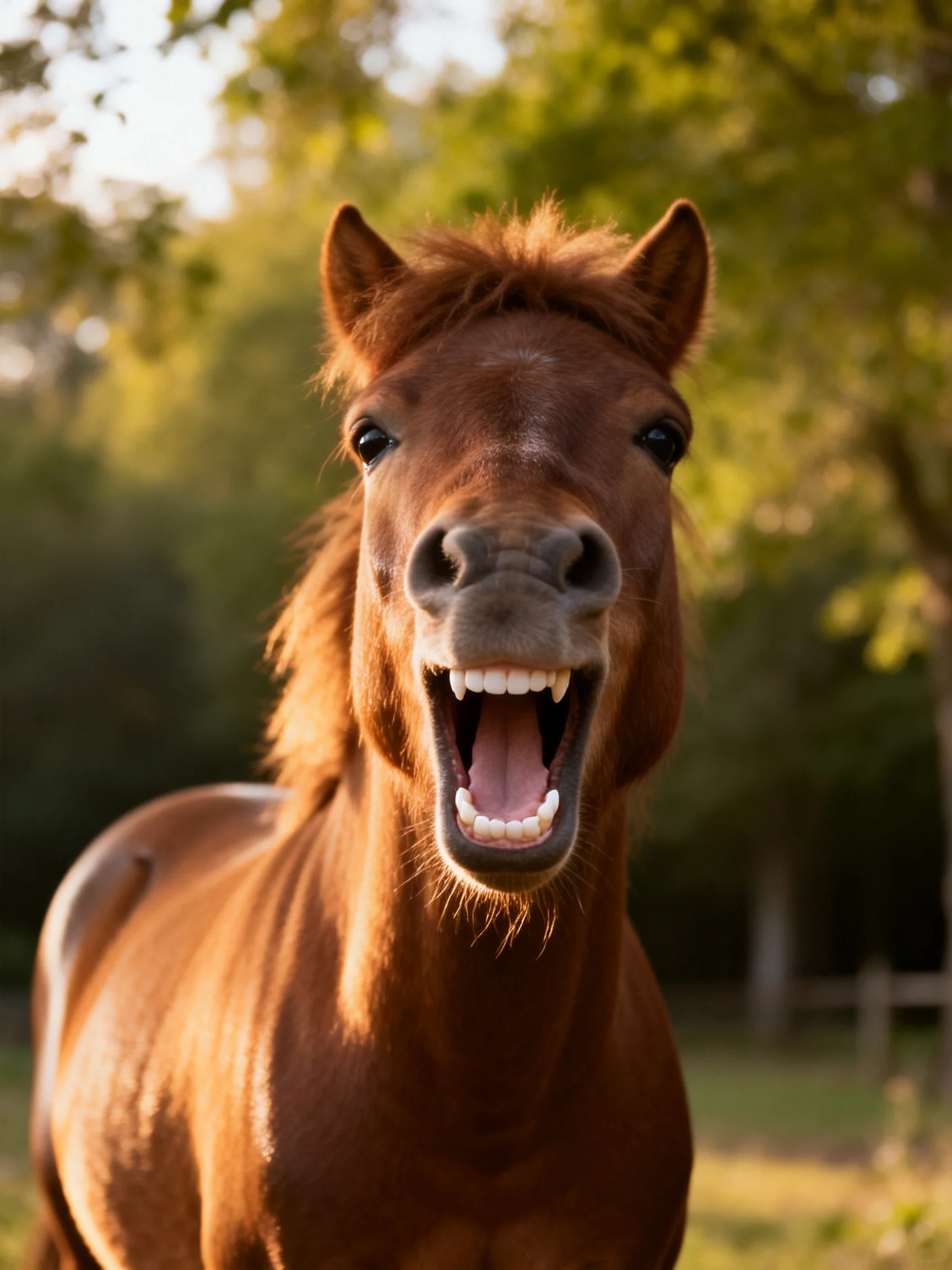 A cheerful chestnut pony grins widely in a sunlit natural setting