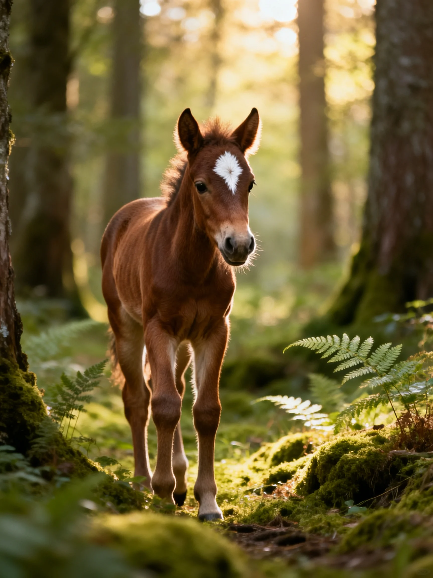 A chestnut foal explores a sun-dappled, moss-covered forest trail