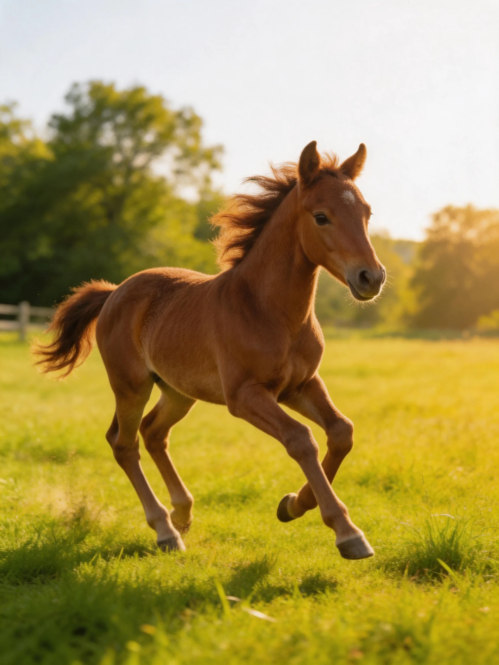 A chestnut foal galloping through a sunlit green meadow