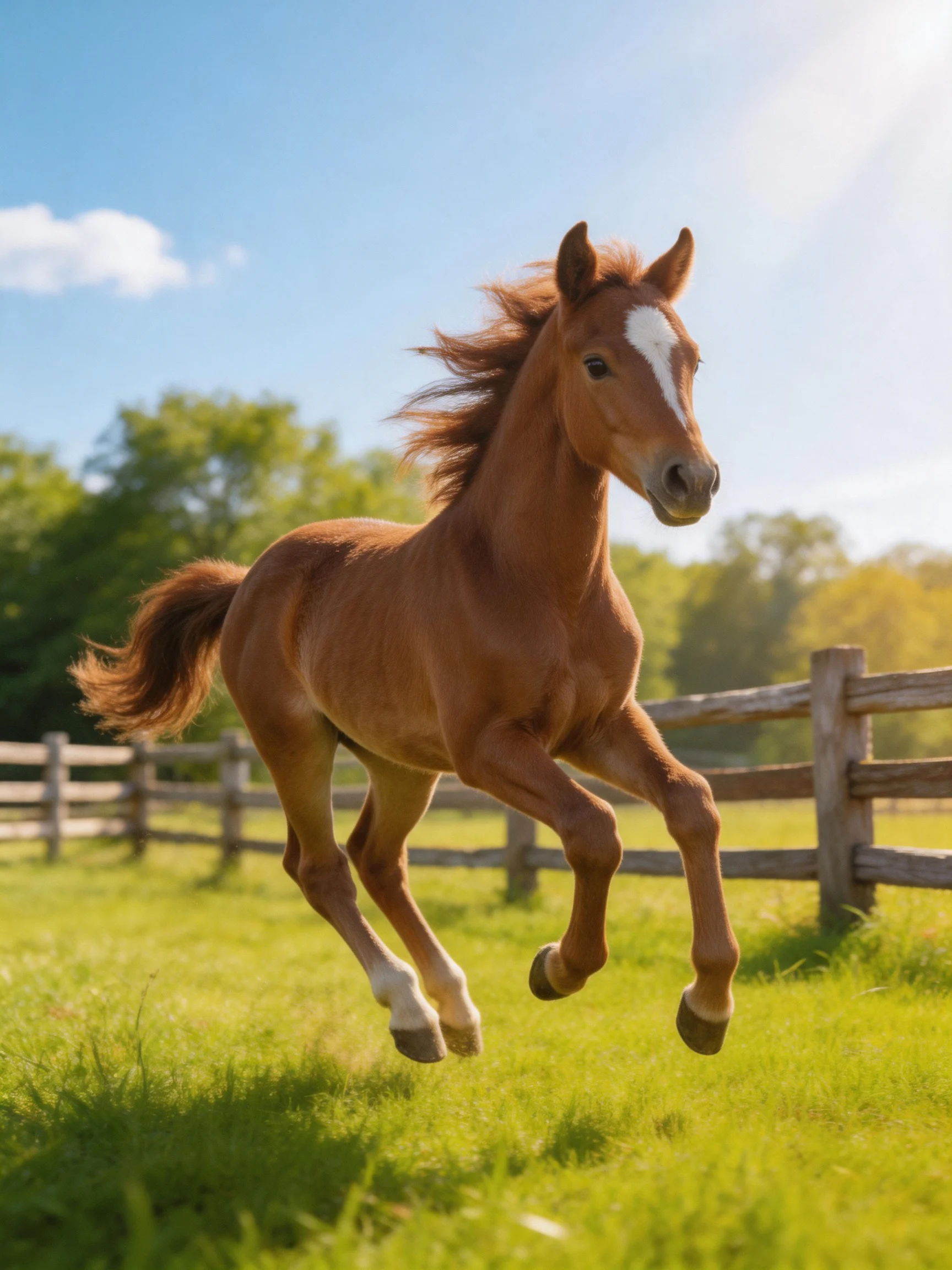 A chestnut foal galloping through a sunny pasture near wooden fences