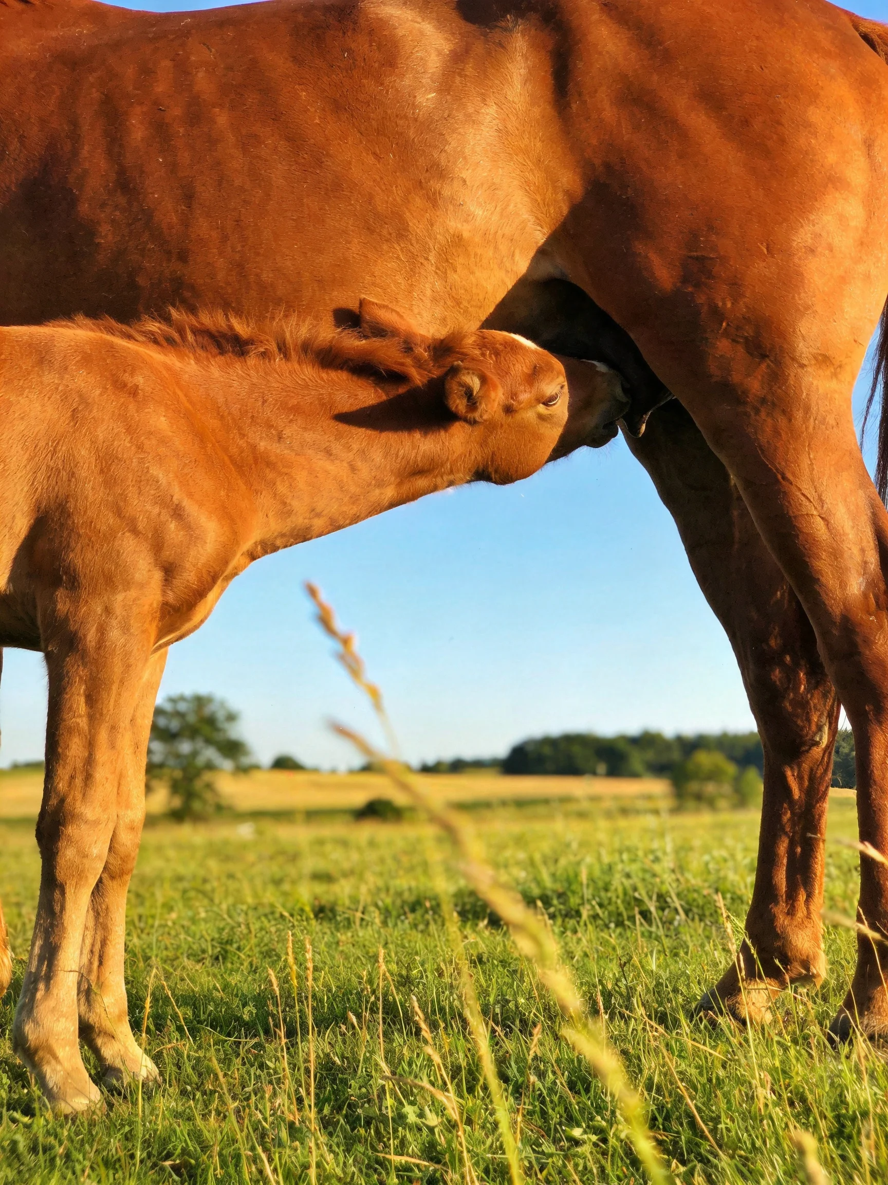 A chestnut foal nurses from an adult horse in a sunlit meadow