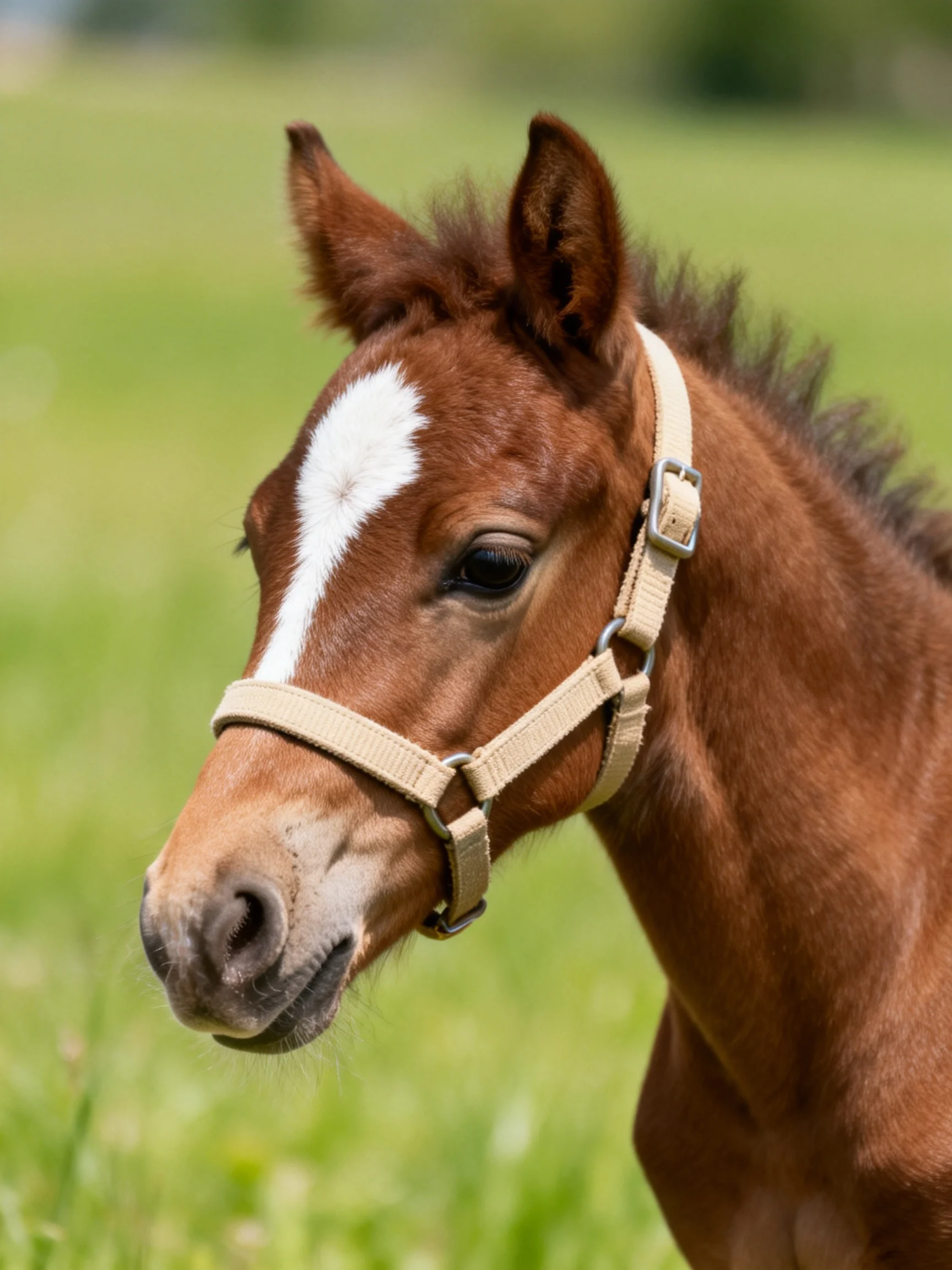 A chestnut foal with a white blaze in a verdant pasture