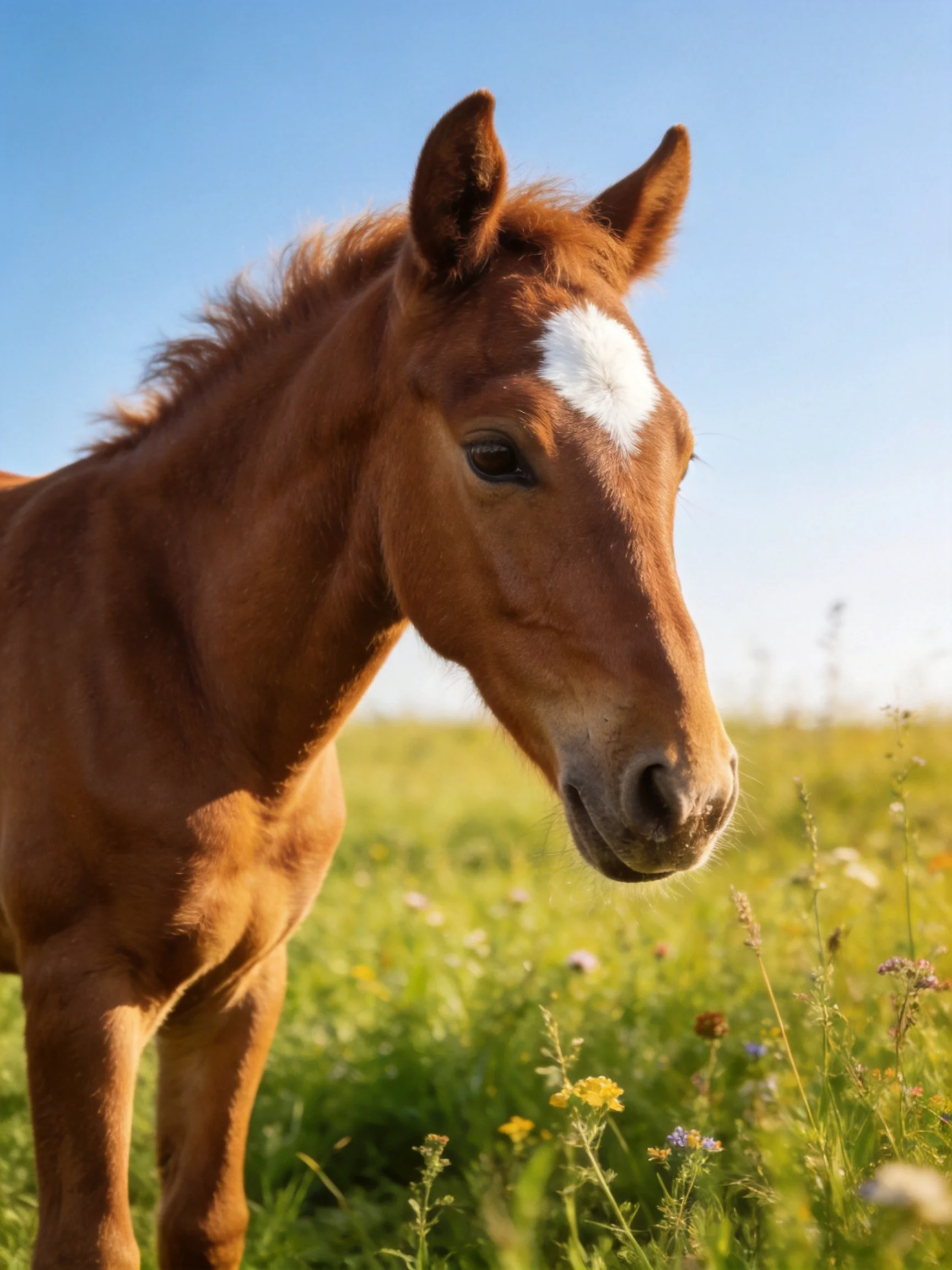 A chestnut foal with a white blaze stands in a sunlit wildflower meadow