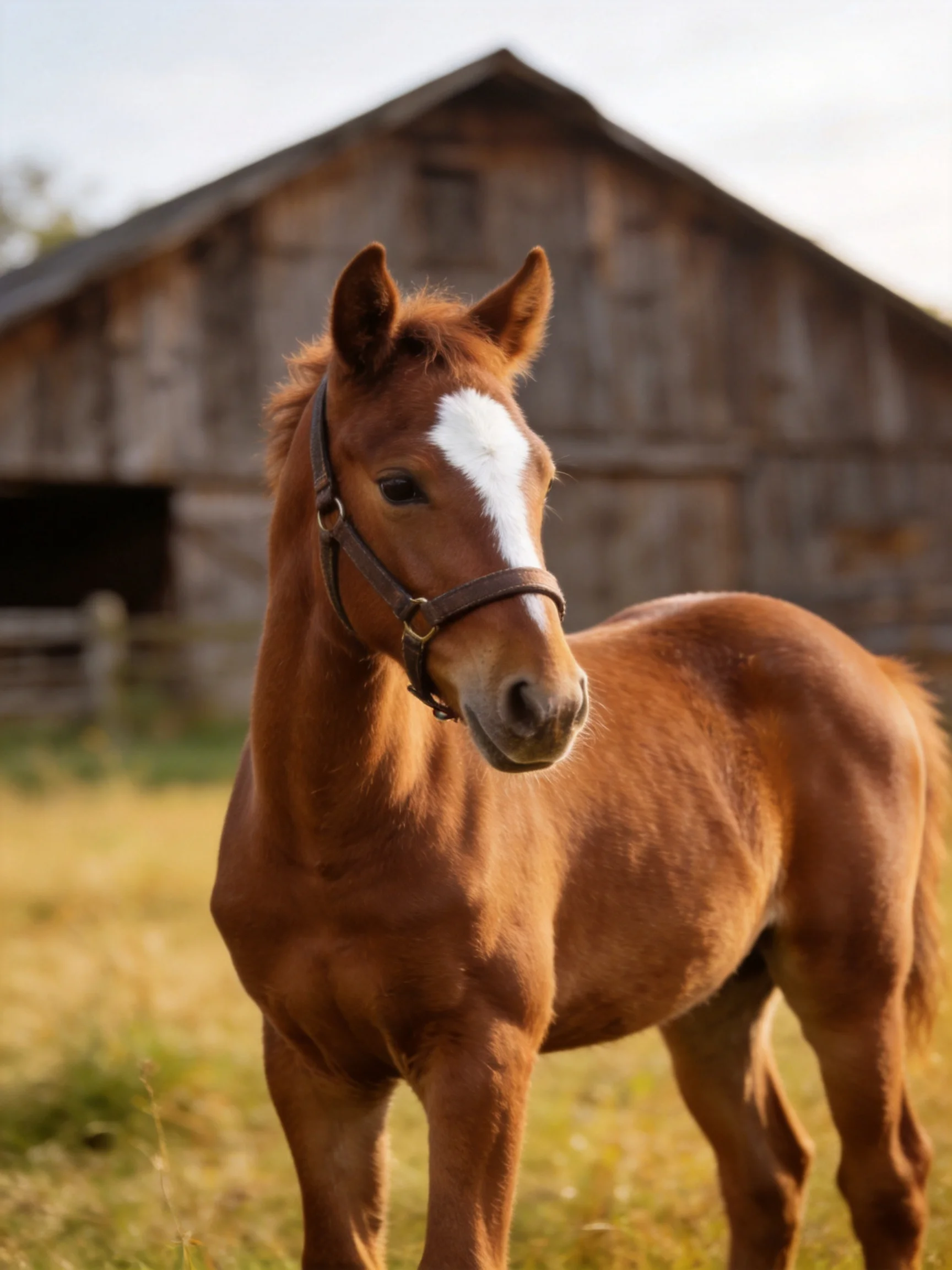A chestnut foal with a white blaze stands near an old wooden barn