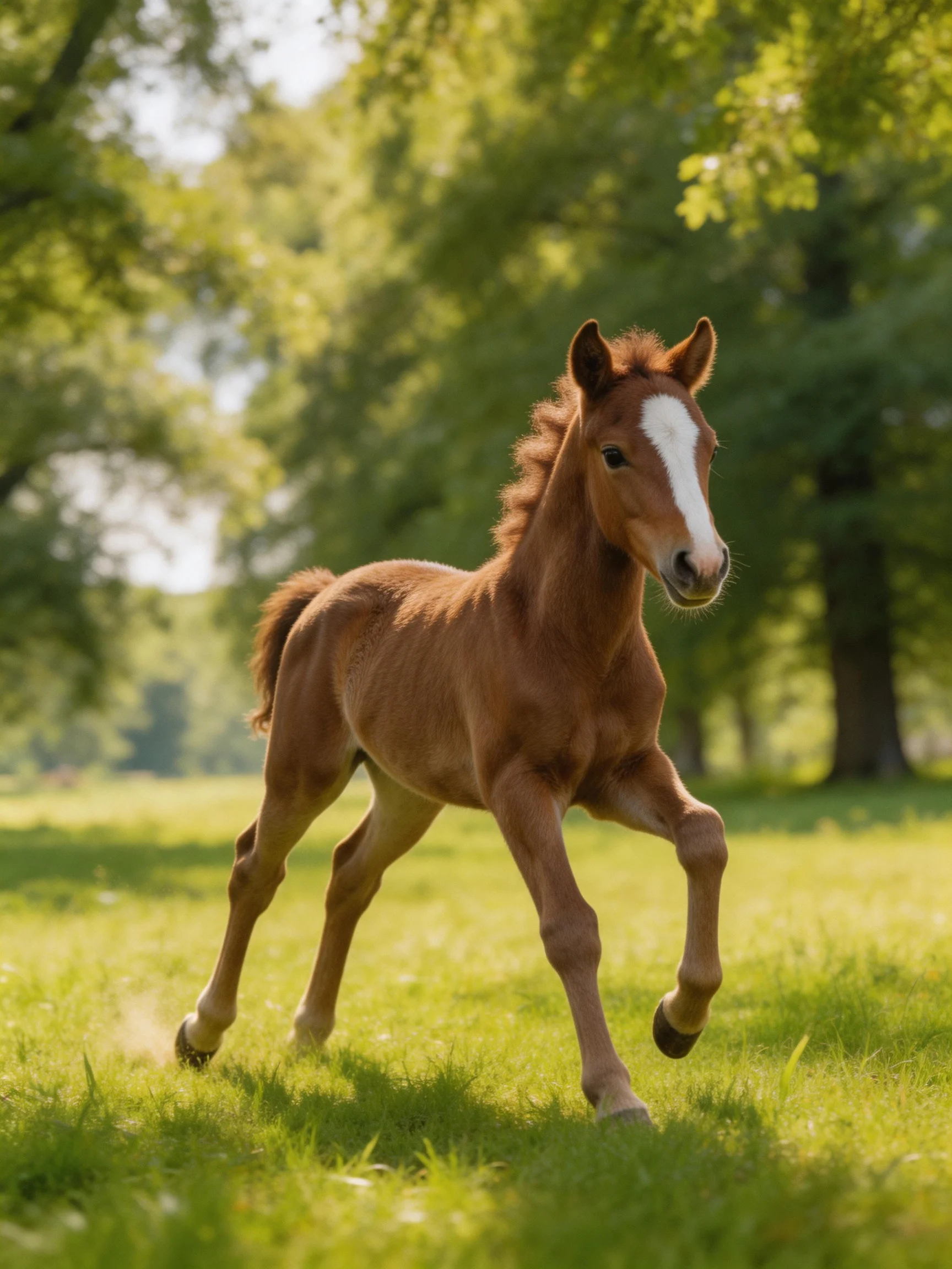A chestnut foal with a white blaze trotting through a sun-dappled green pasture