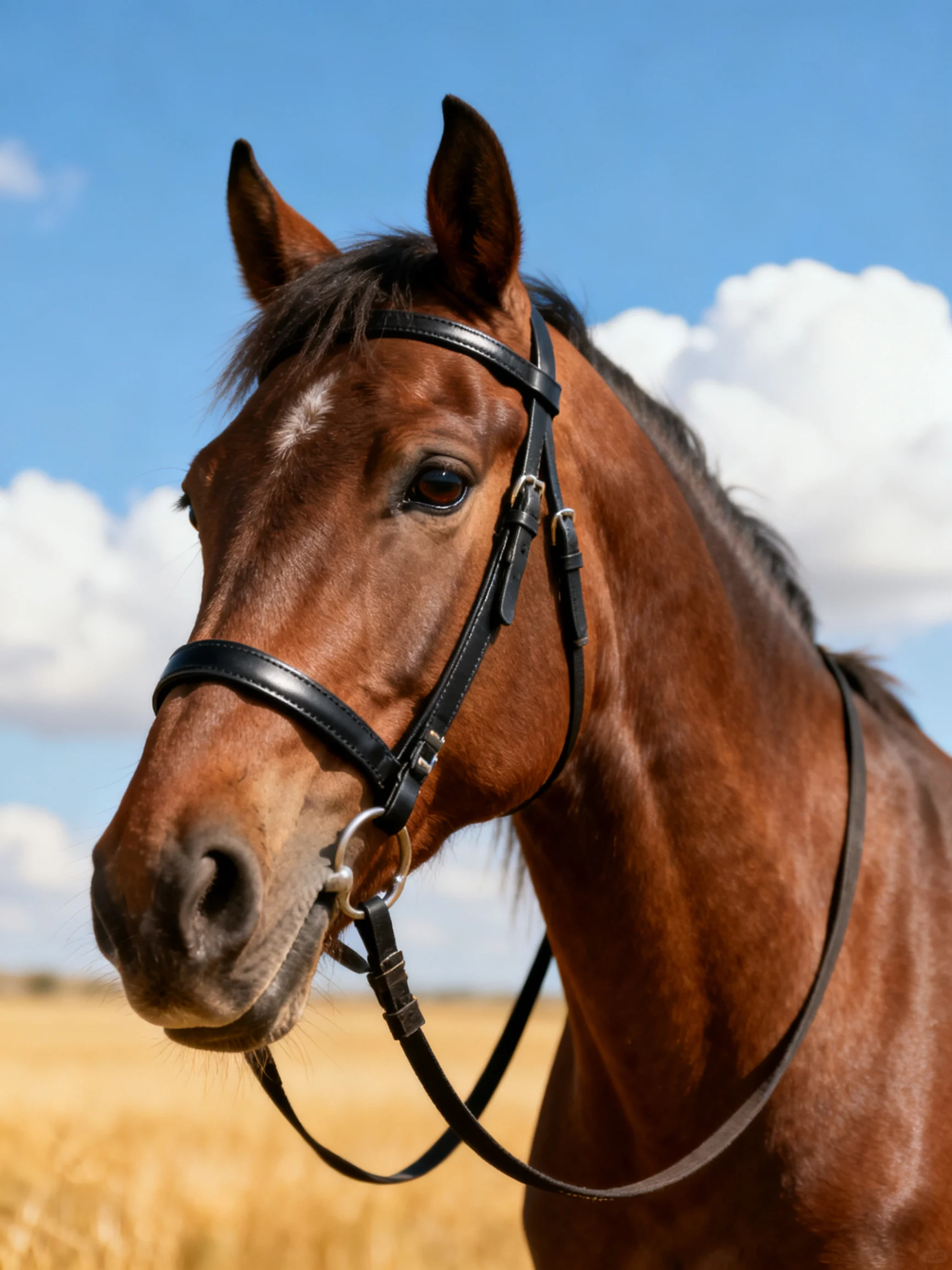 A chestnut horse adorned with a black bridle in a golden field
