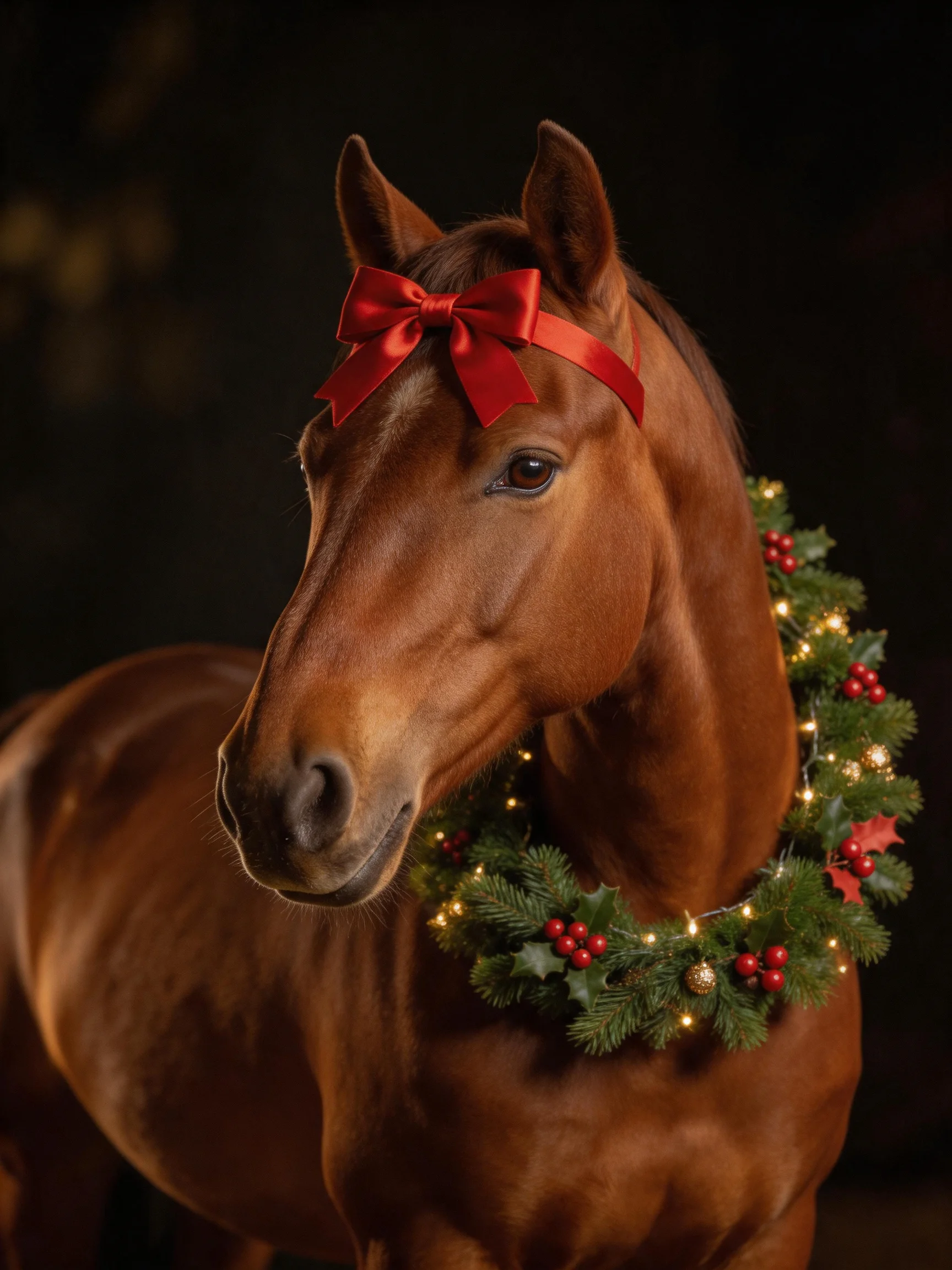 A chestnut horse adorned with a red bow and festive wreath