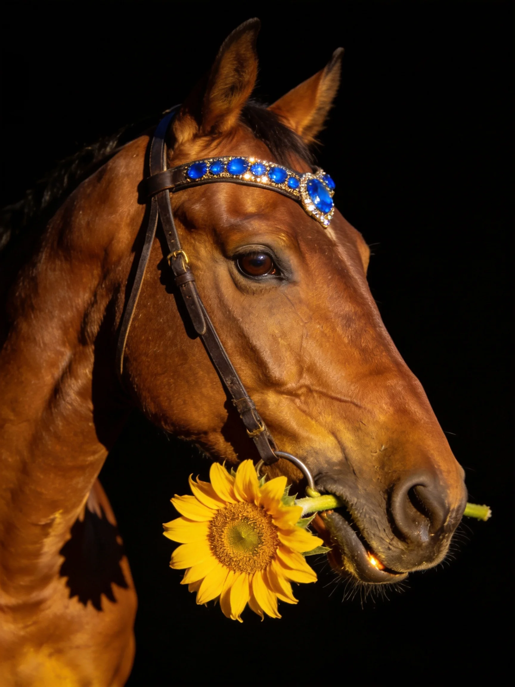 A chestnut horse adorned with blue jeweled headgear holds a sunflower