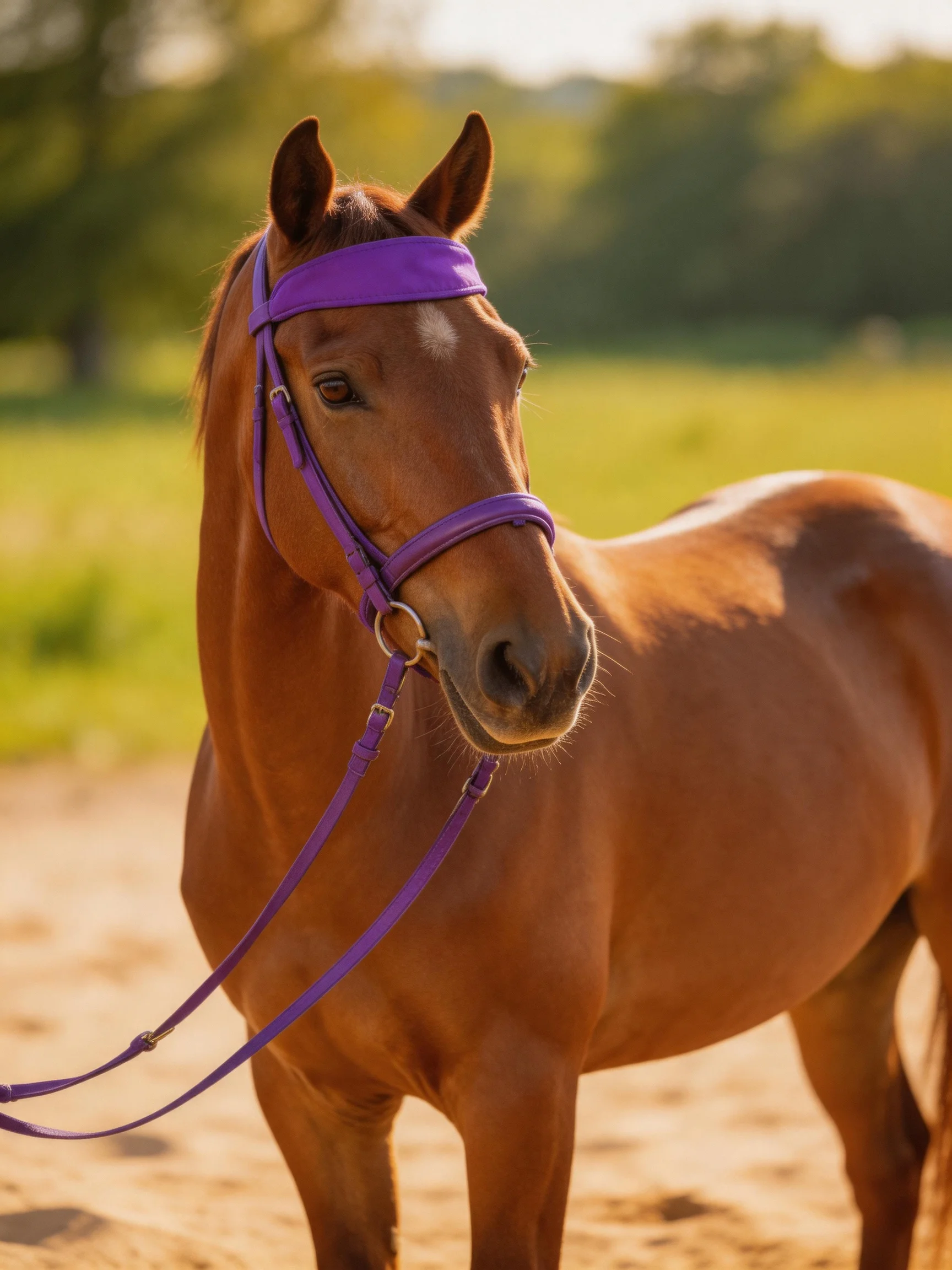 A chestnut horse adorned with purple tack in a sunlit pasture