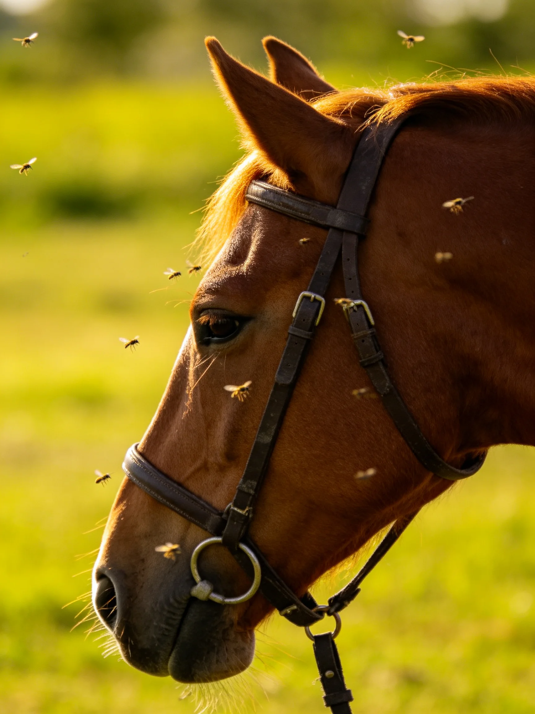 A chestnut horse amid flying insects in a sunlit meadow