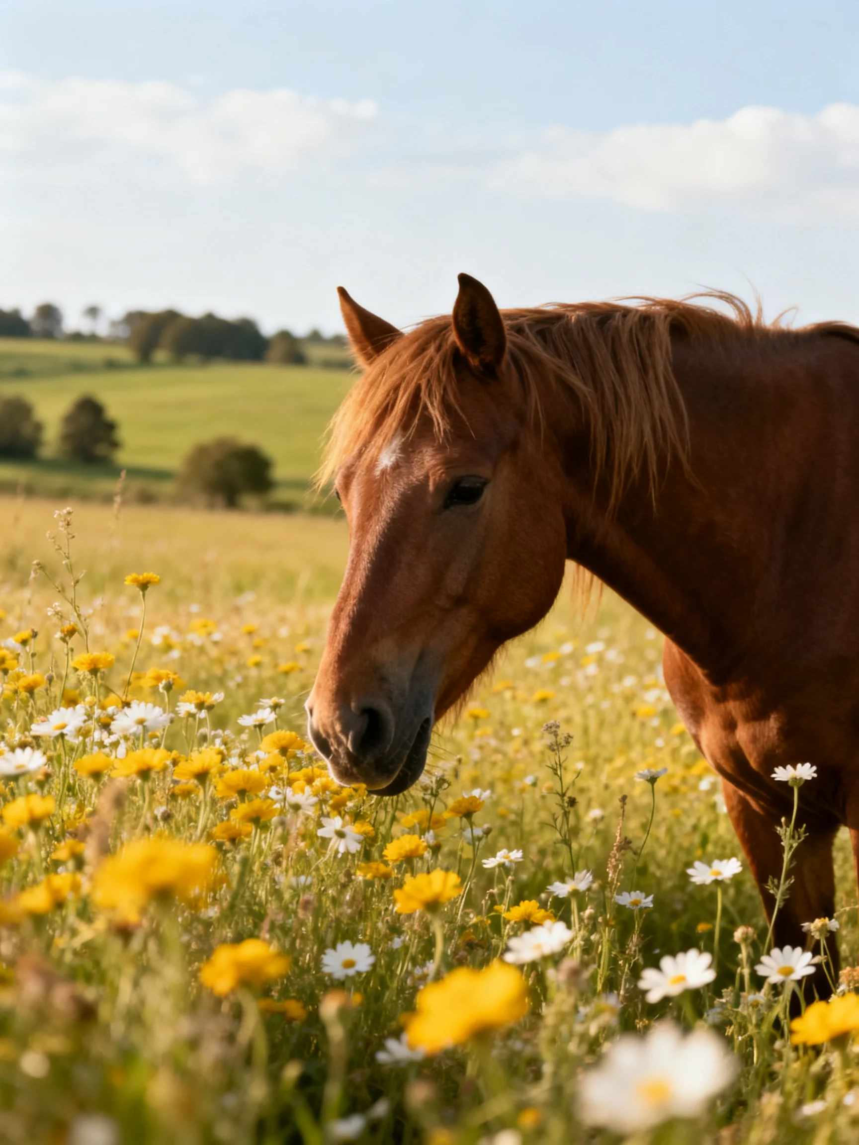 A chestnut horse grazes in a sunny meadow with colorful wildflowers