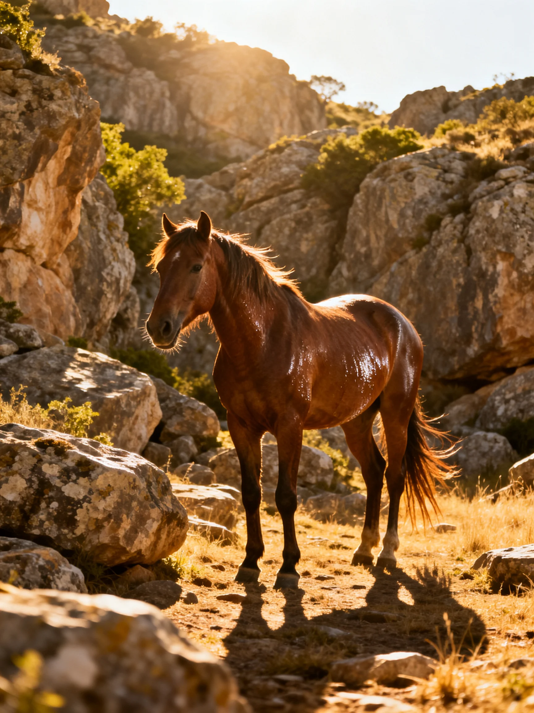 A chestnut horse amidst rugged, golden-hued rock formations
