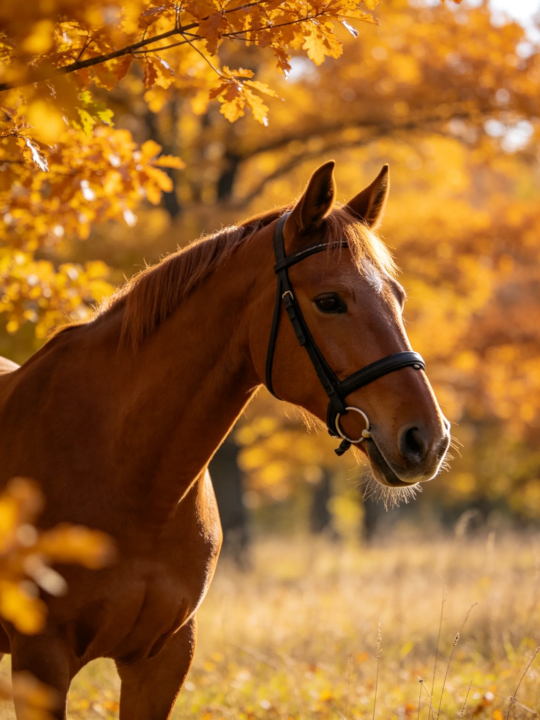 A chestnut horse amidst vibrant golden autumn foliage