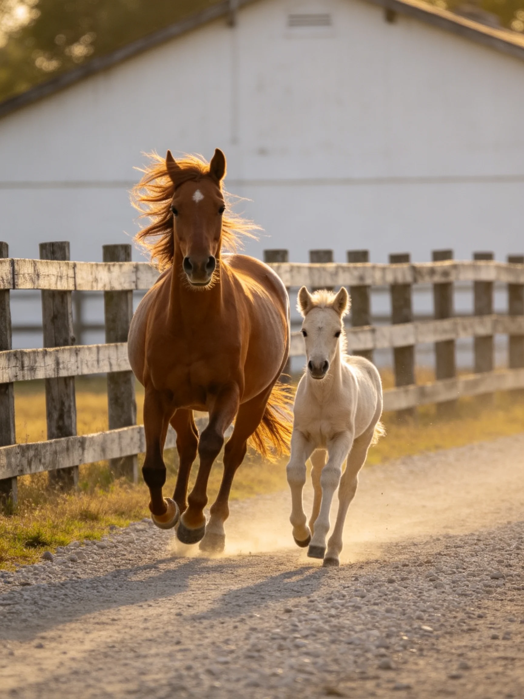 Two horses, one brown and one white, run together on a dusty farm path.