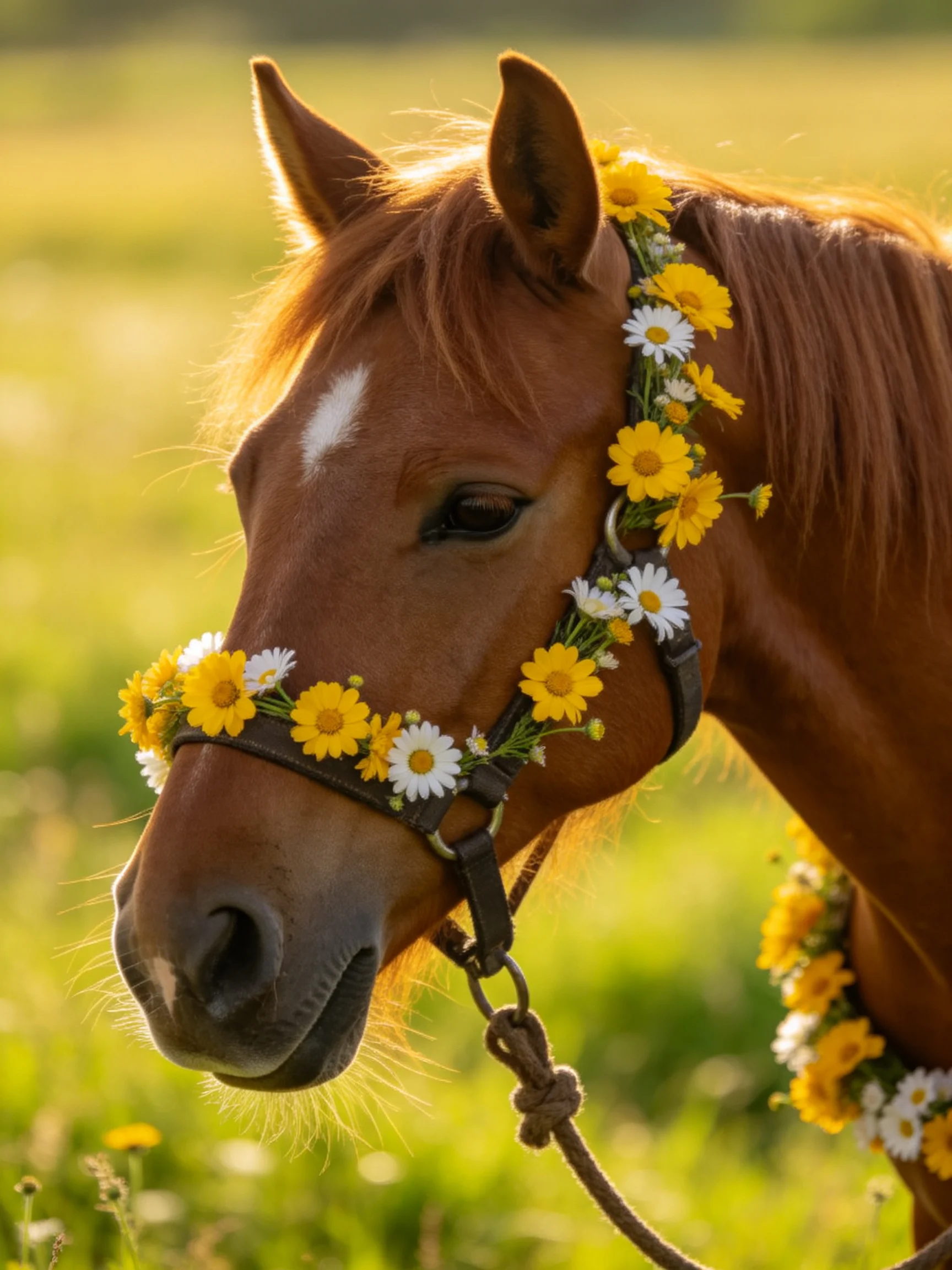 A chestnut horse decorated with yellow and white daisies in a sunlit meadow