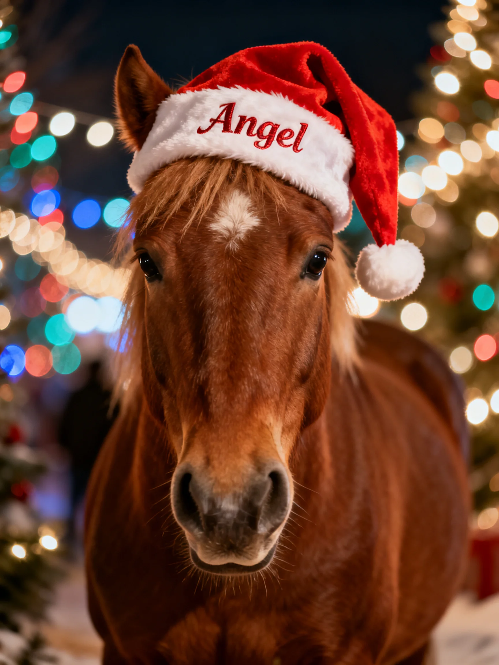 A chestnut horse dons a Santa hat labeled Angel near twinkling Christmas lights
