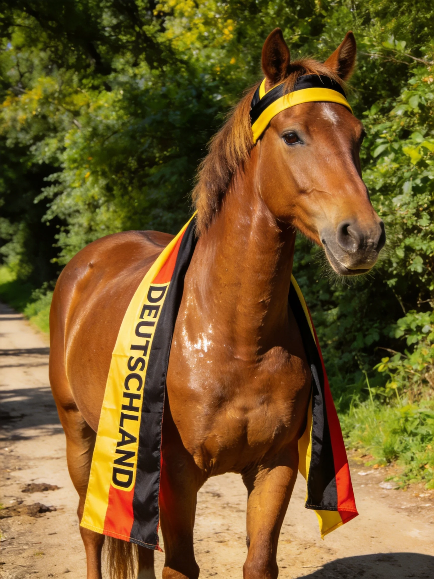 A chestnut horse draped in Deutschland scarf and headband outdoors