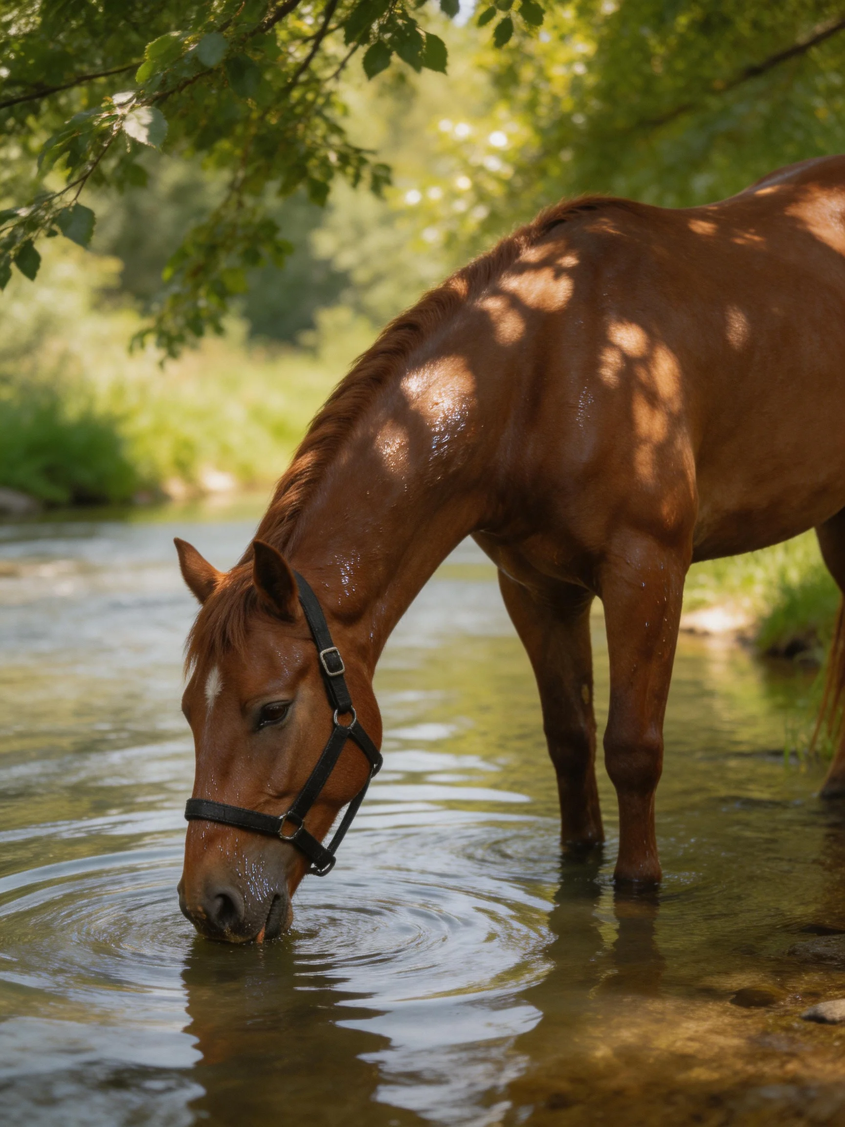 A chestnut horse drinks from a sunlit stream amid leafy surroundings