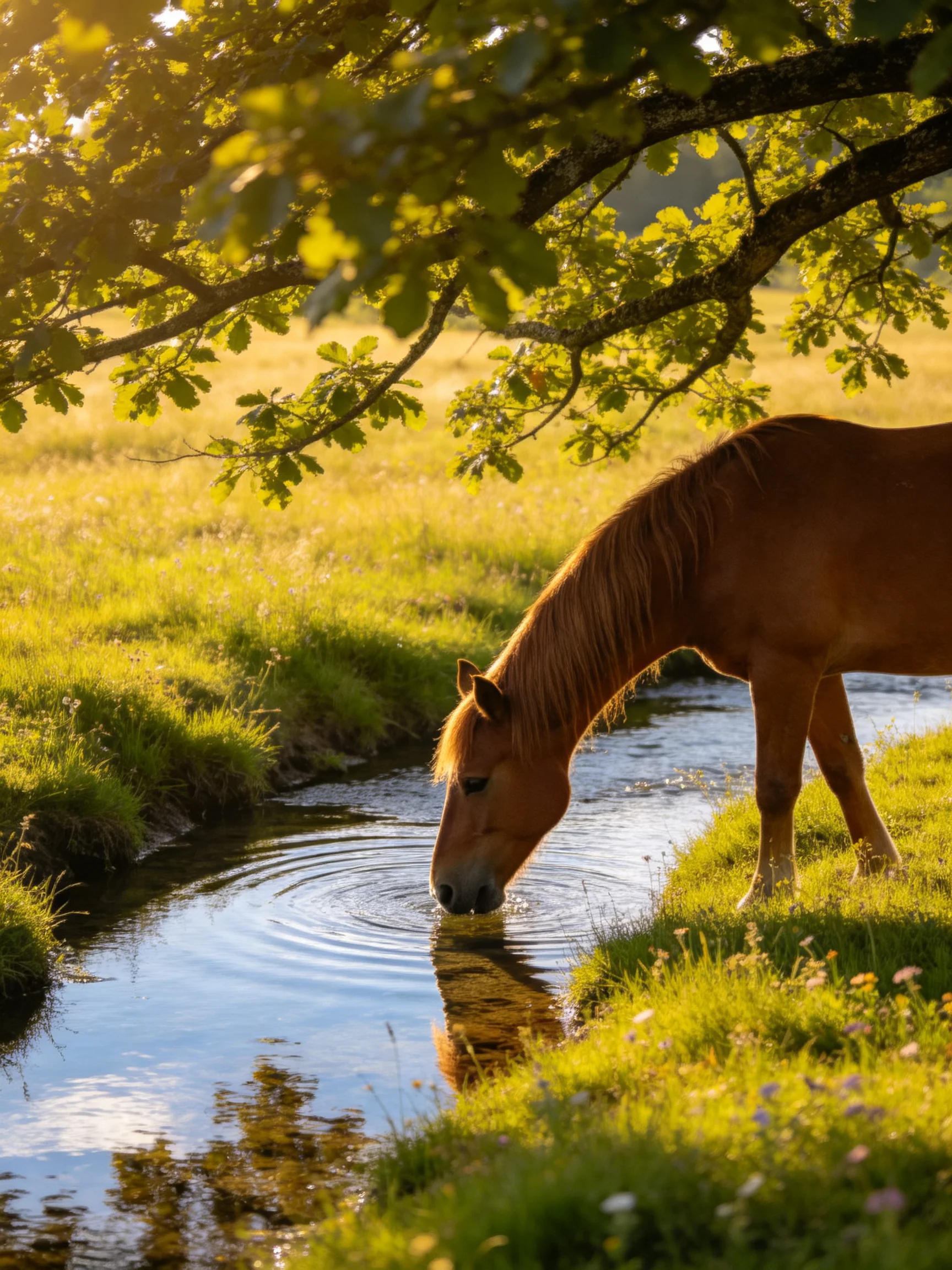 A chestnut horse drinks from a sunlit stream beneath leafy trees