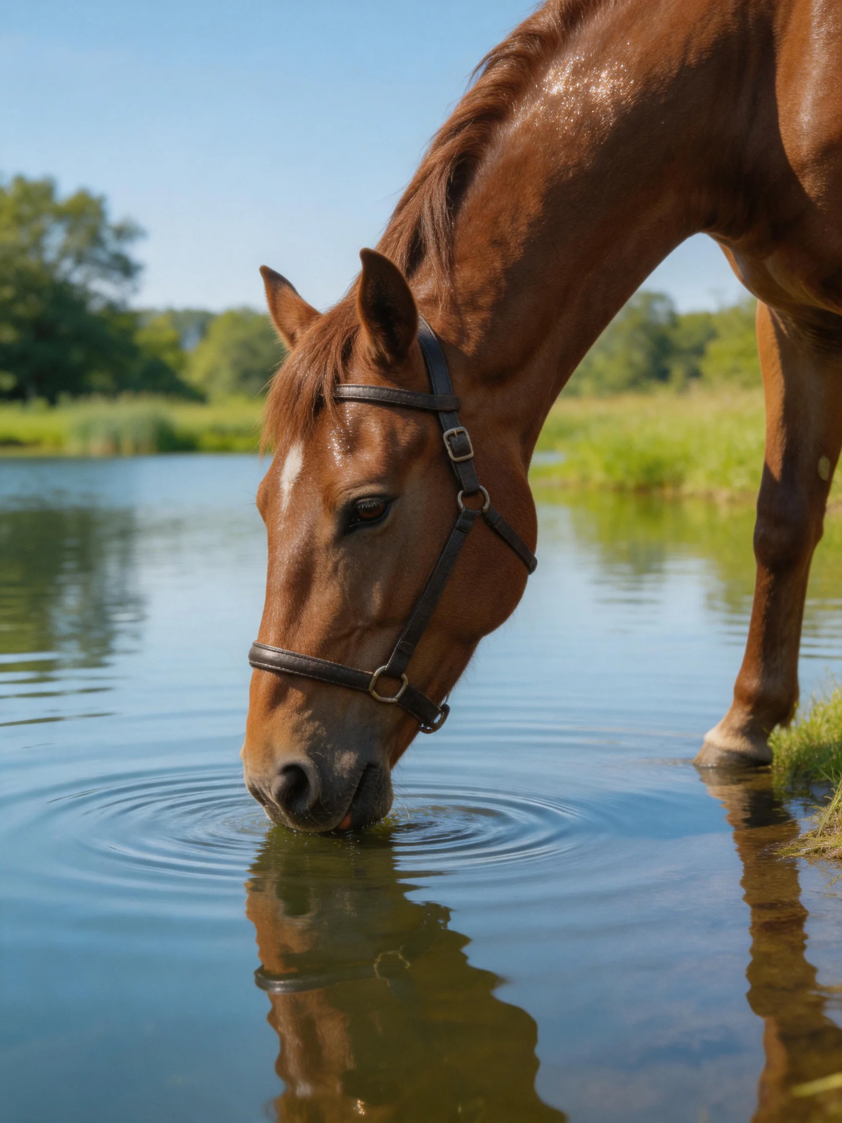 A chestnut horse drinks from calm blue water beside lush greenery
