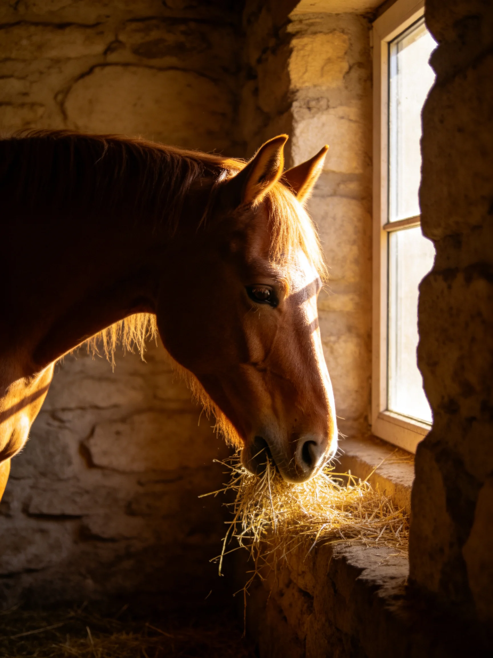 A chestnut horse eating golden hay by a sunlit stone stable window