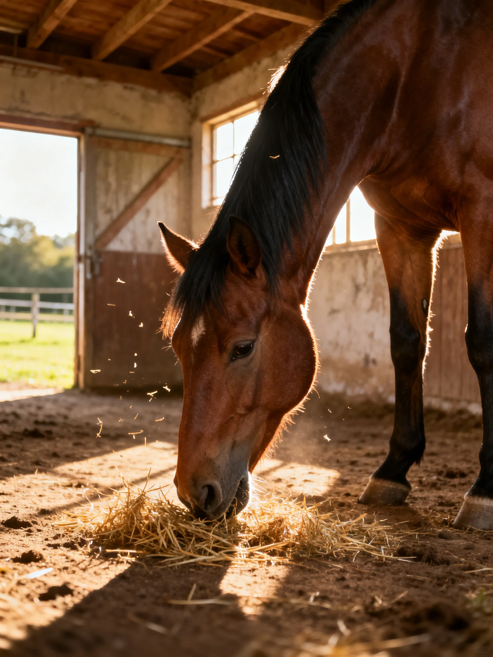 A chestnut horse eating golden hay in a sunlit stable