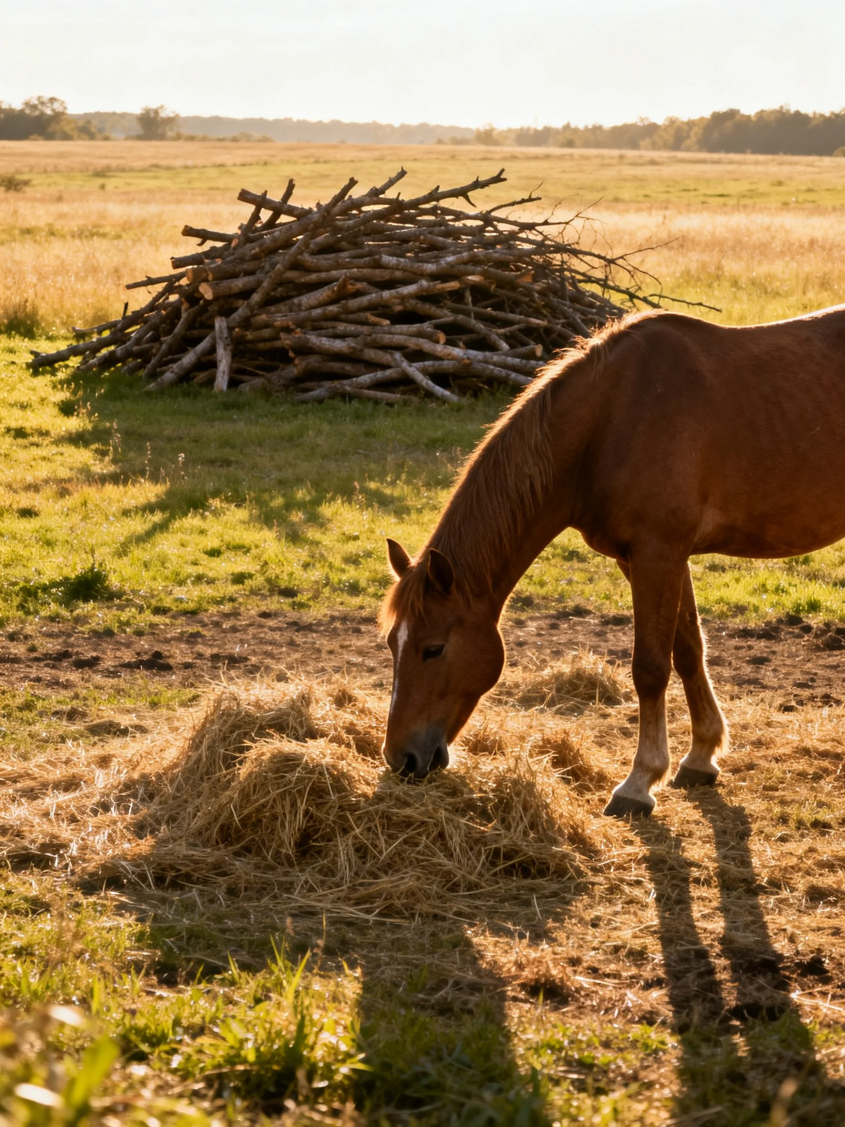 A chestnut horse feeds near stacked firewood in golden fields