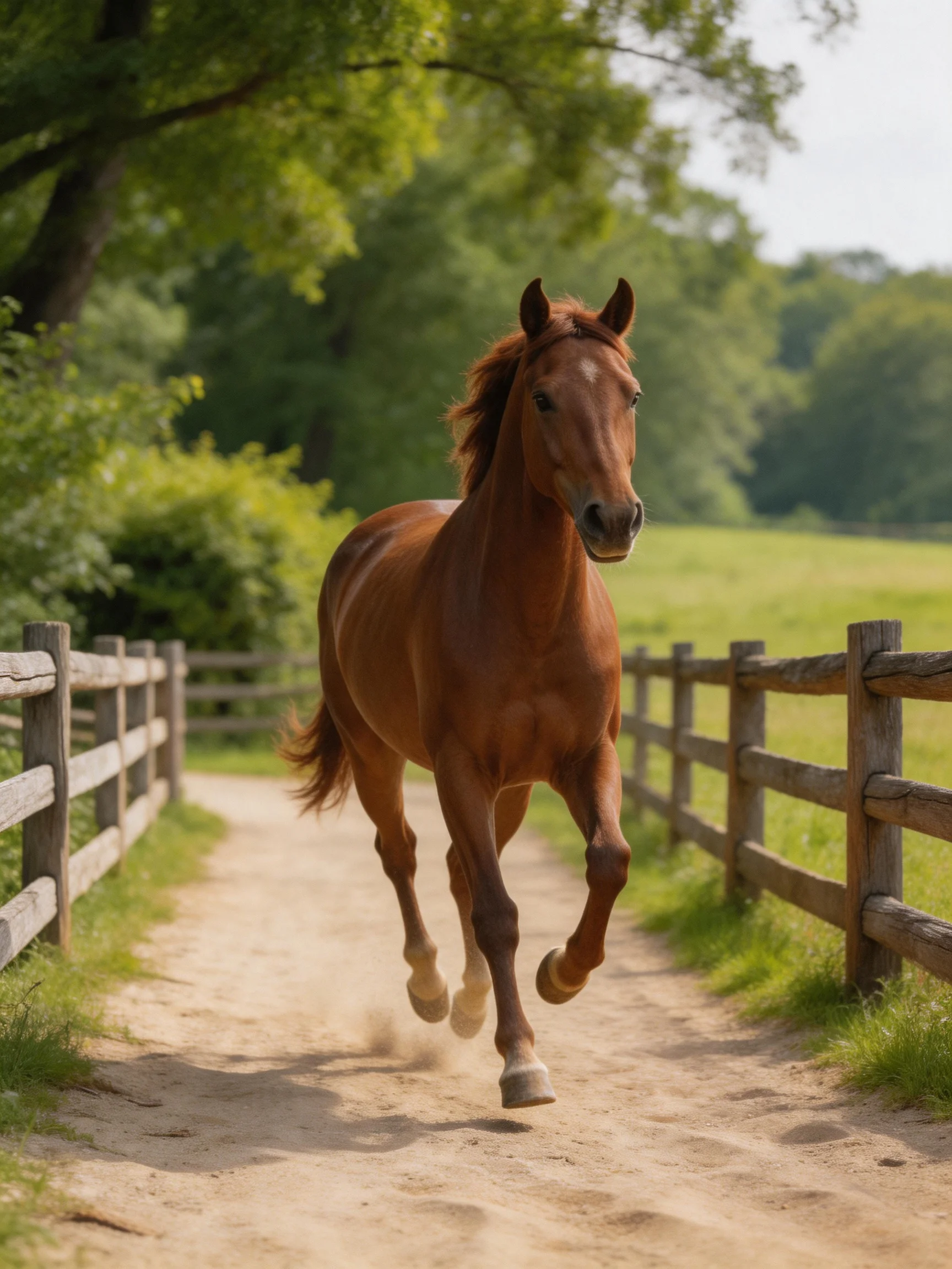 A chestnut horse galloping along a dirt path near wooden fences
