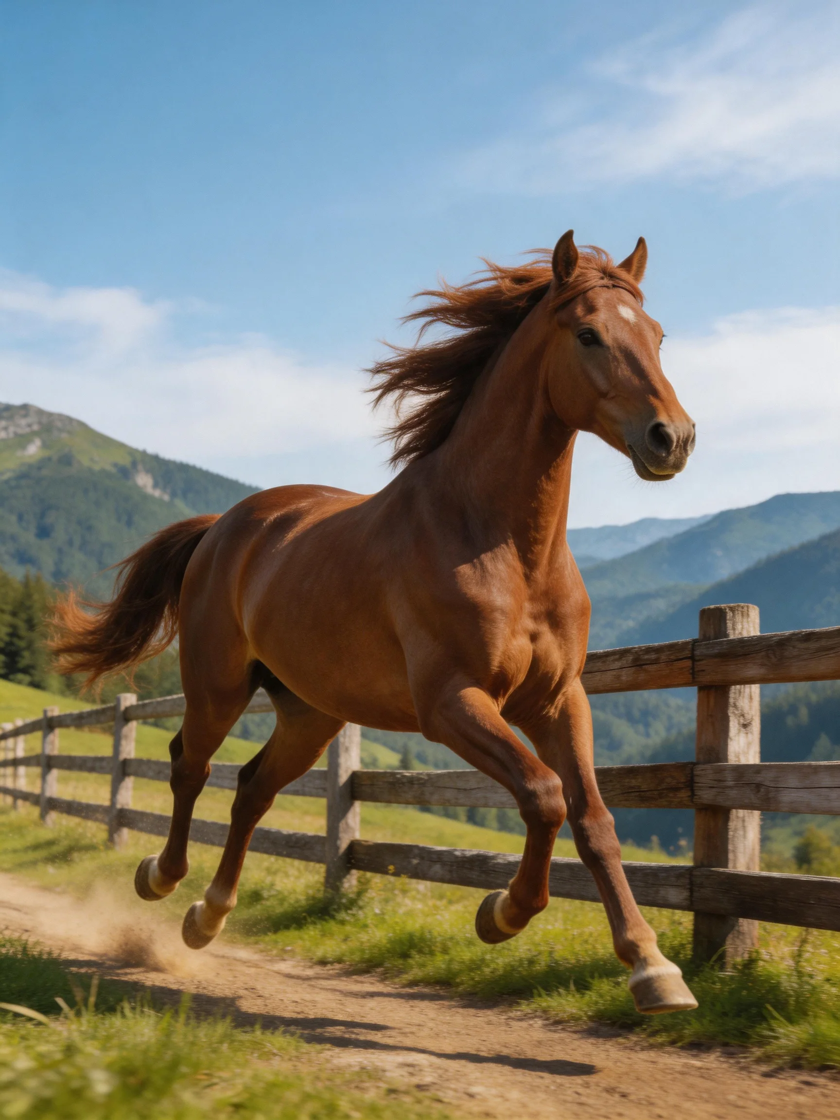 A chestnut horse galloping beside a wooden fence near lush green hills