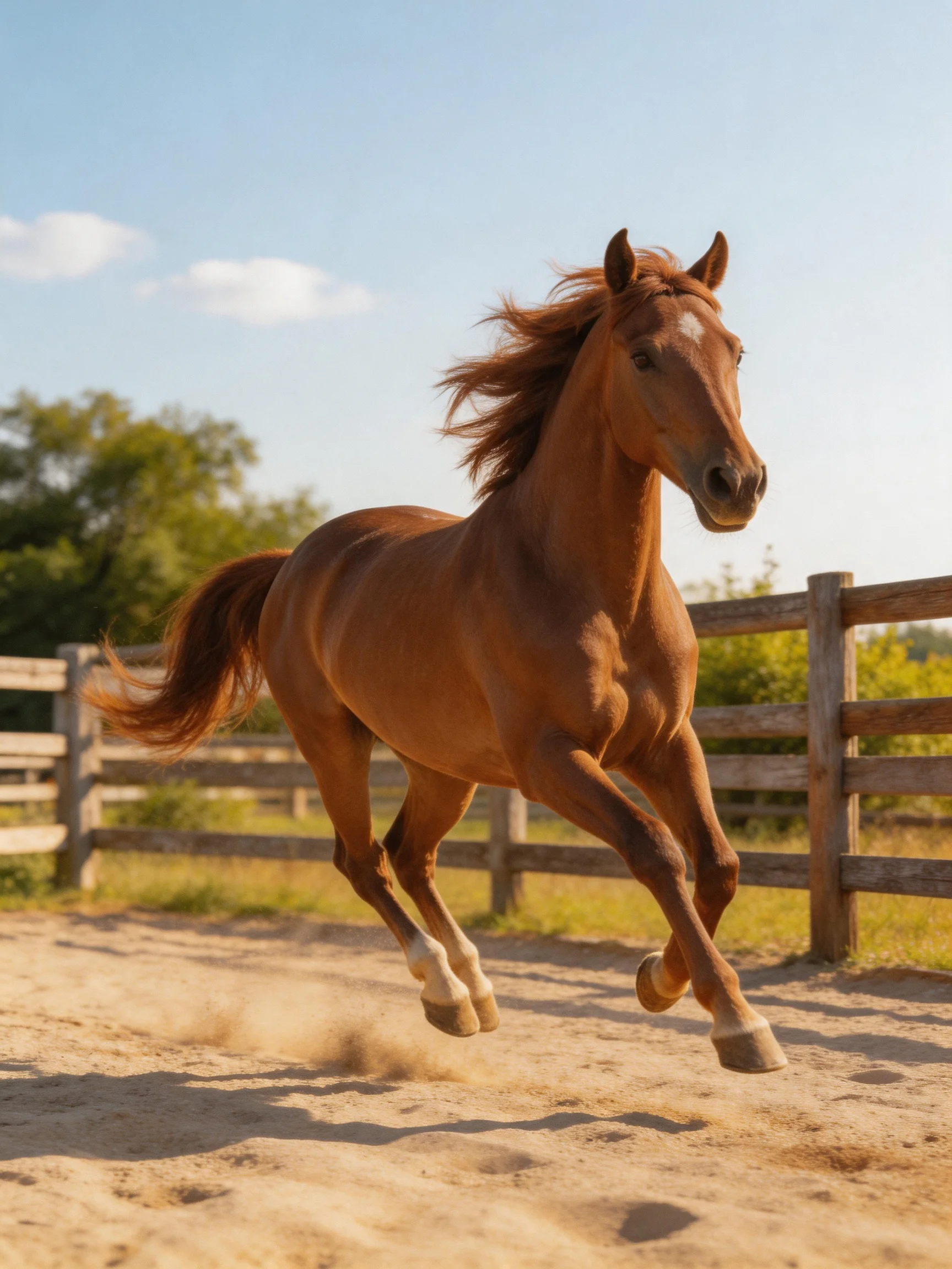 A chestnut horse galloping energetically along a dusty path near wooden fences