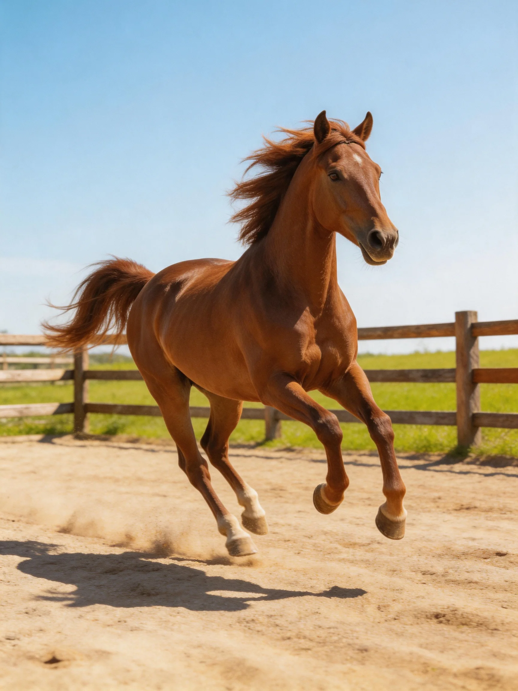 A chestnut horse galloping energetically in a sunny paddock