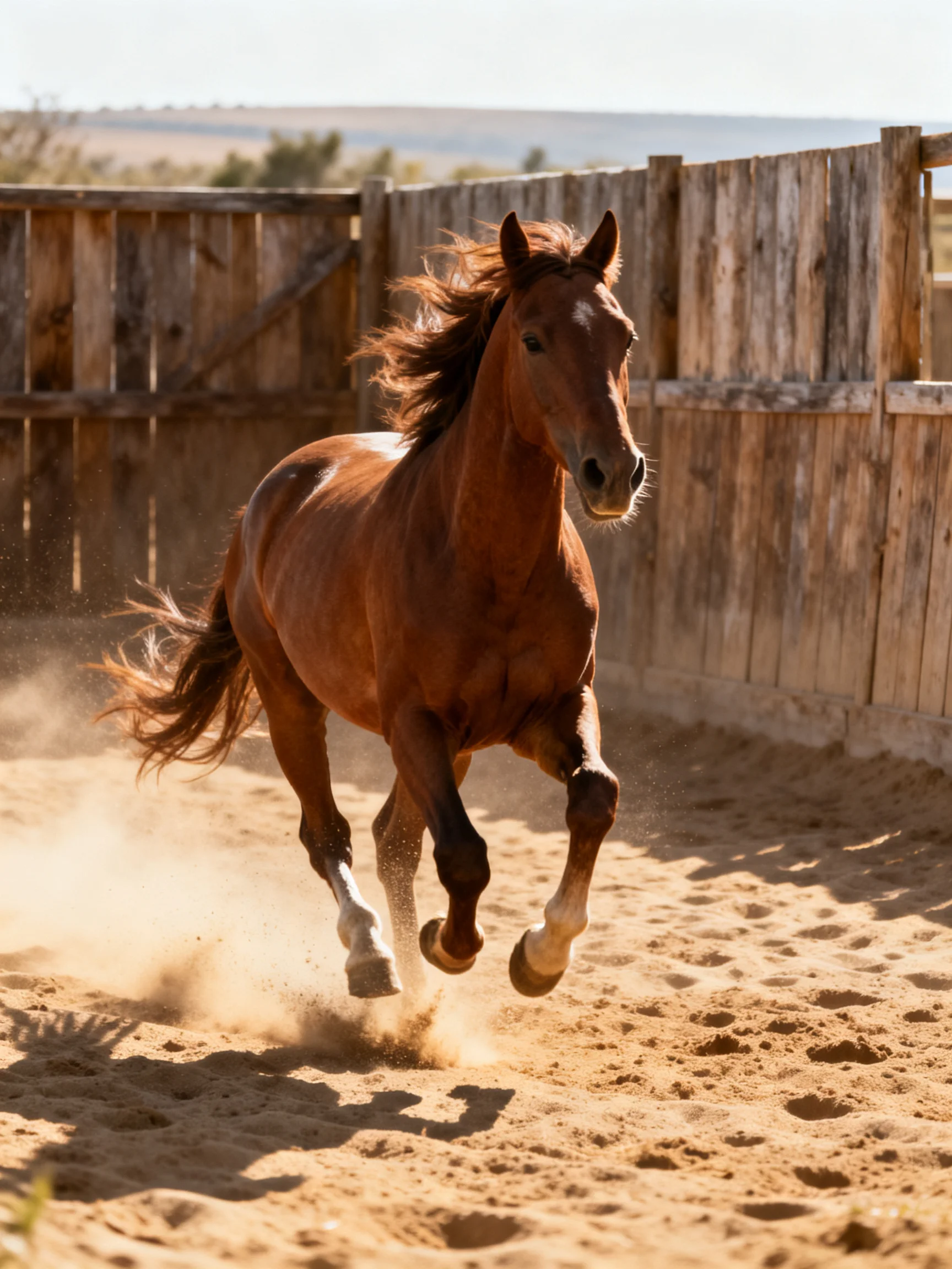 A chestnut horse galloping in a dusty enclosure with weathered wood fencing
