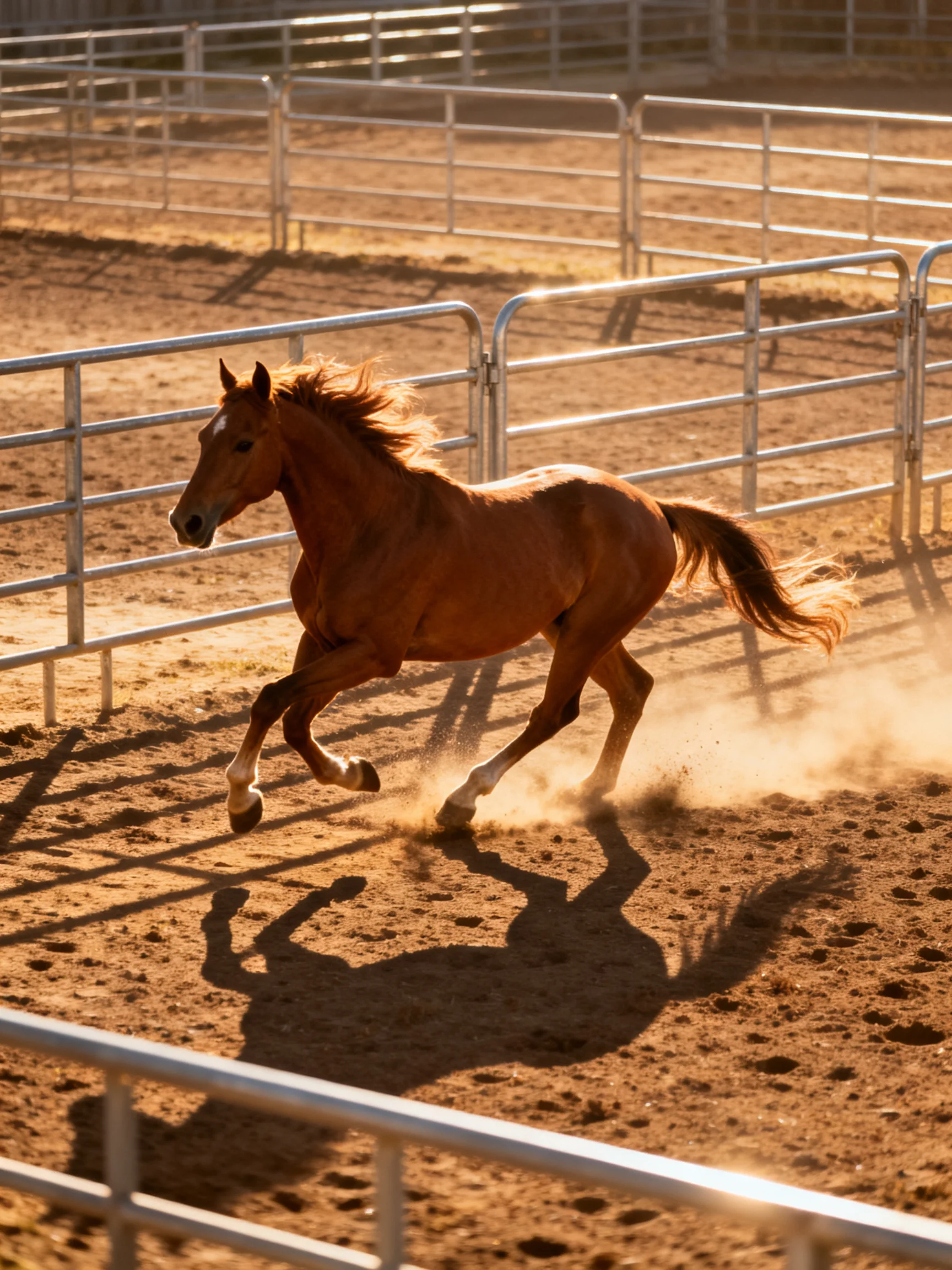 A chestnut horse galloping in a dusty fenced arena