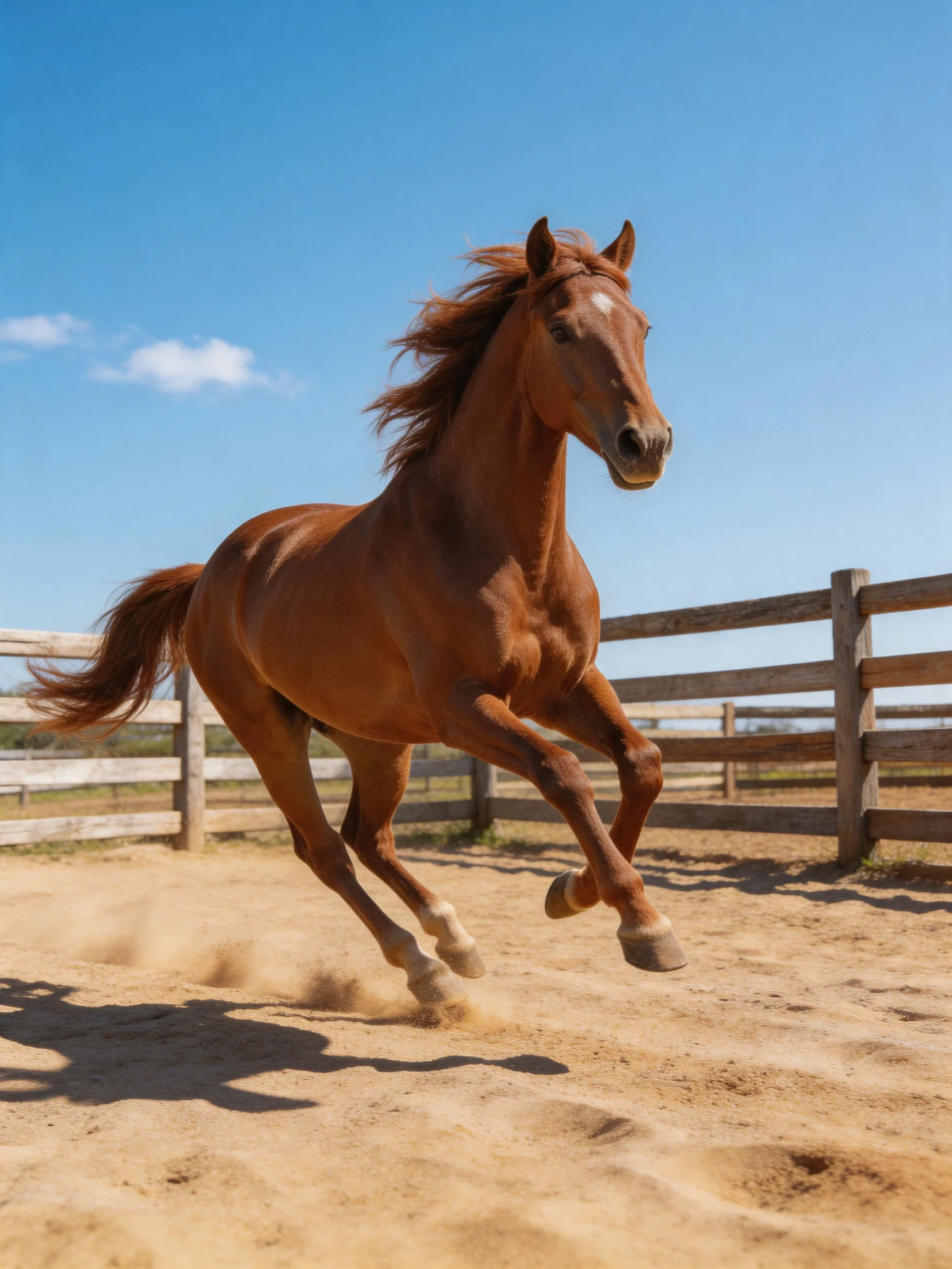 A chestnut horse galloping in a sandy fenced enclosure