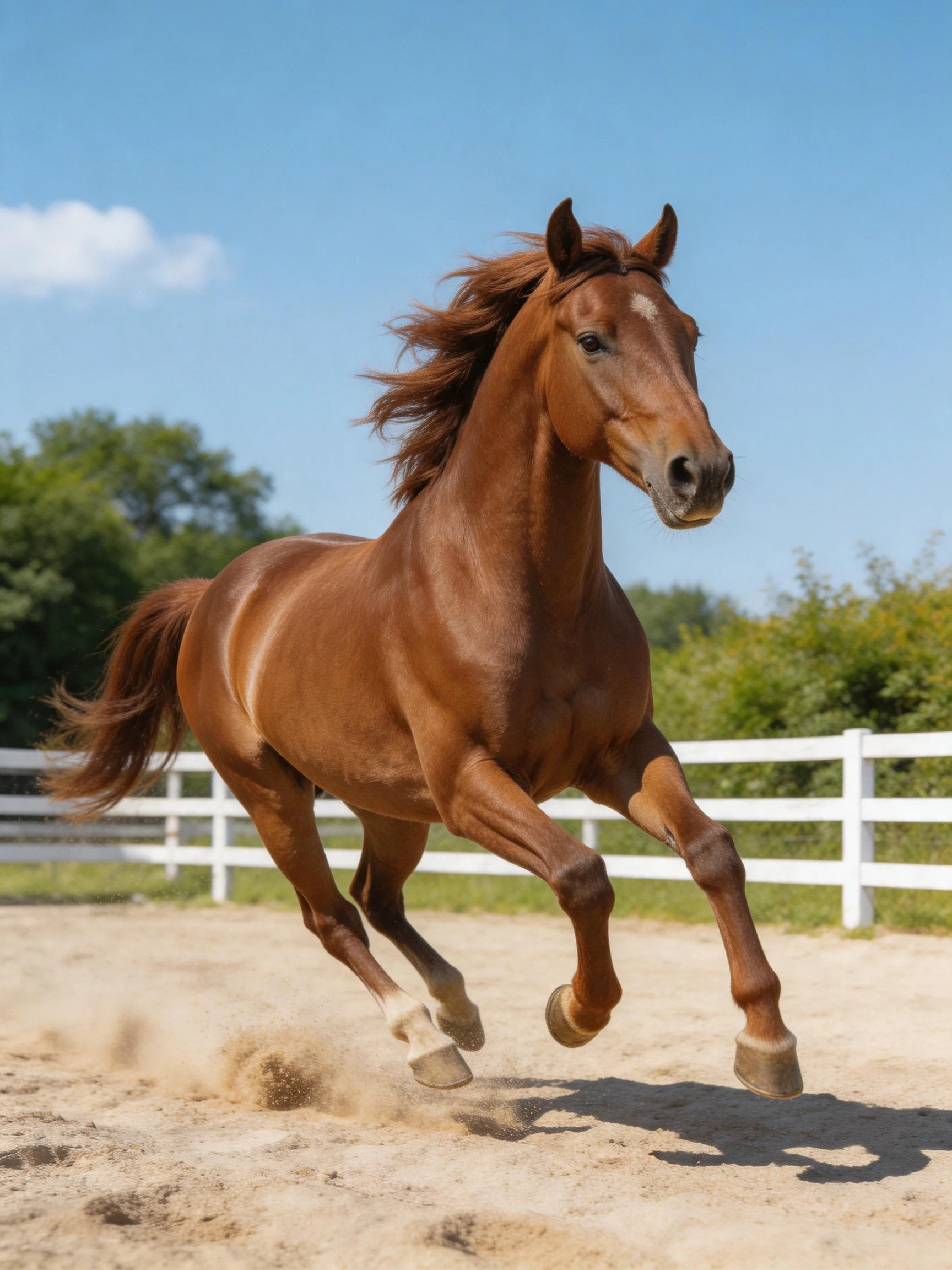 A chestnut horse galloping in a sandy paddock with a white fence