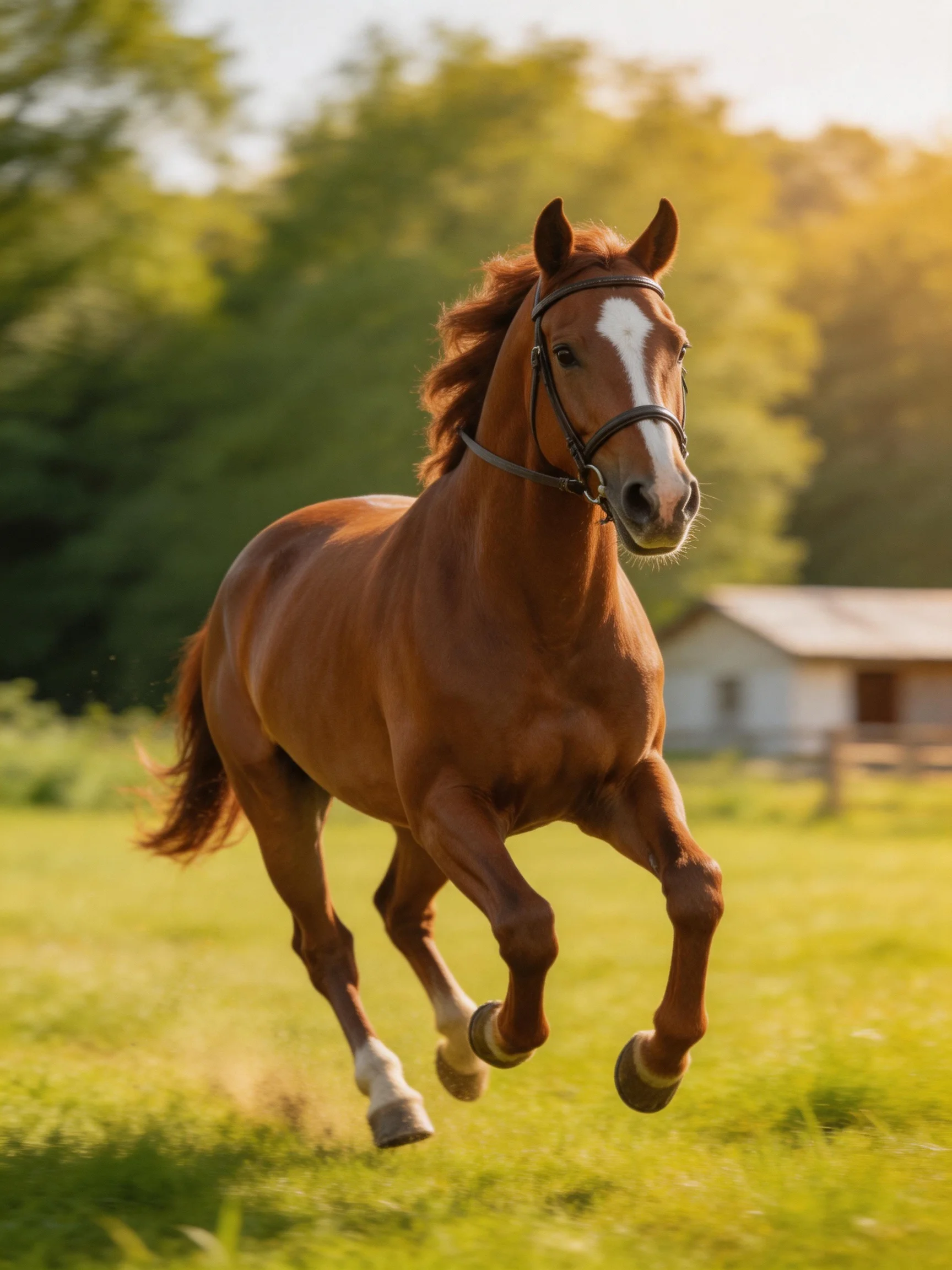 A chestnut horse galloping in a sunlit green pasture